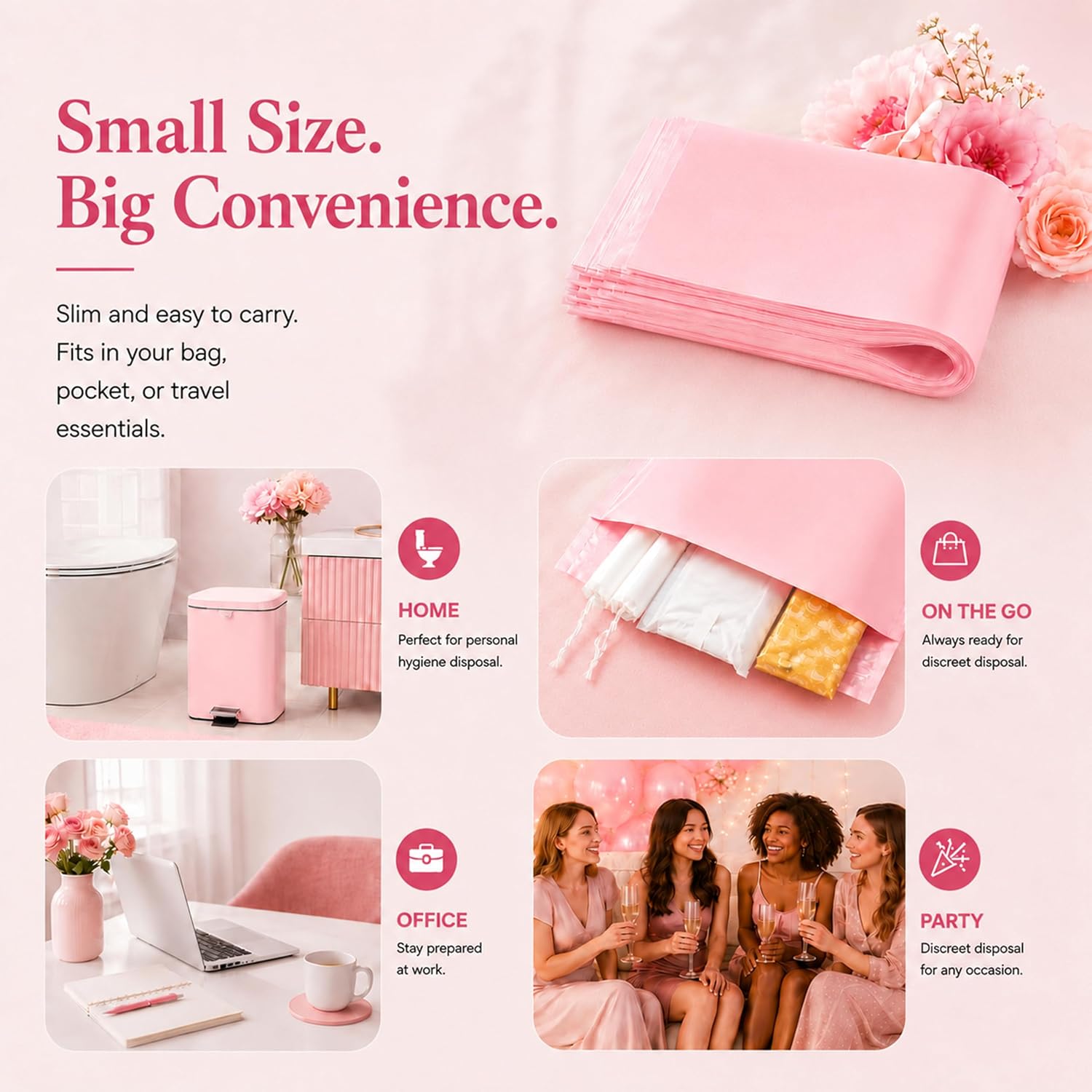 Sanitary Disposal Feminine Hygiene Self‑Sealing Period Bags, Opaque Portable Pad Disposal Pouches for Sanitary Napkins and Tampons, Pink 50pcs Self Seal Opaque Bags 6.7 x 11.8 Inches (Portable pack) image 3