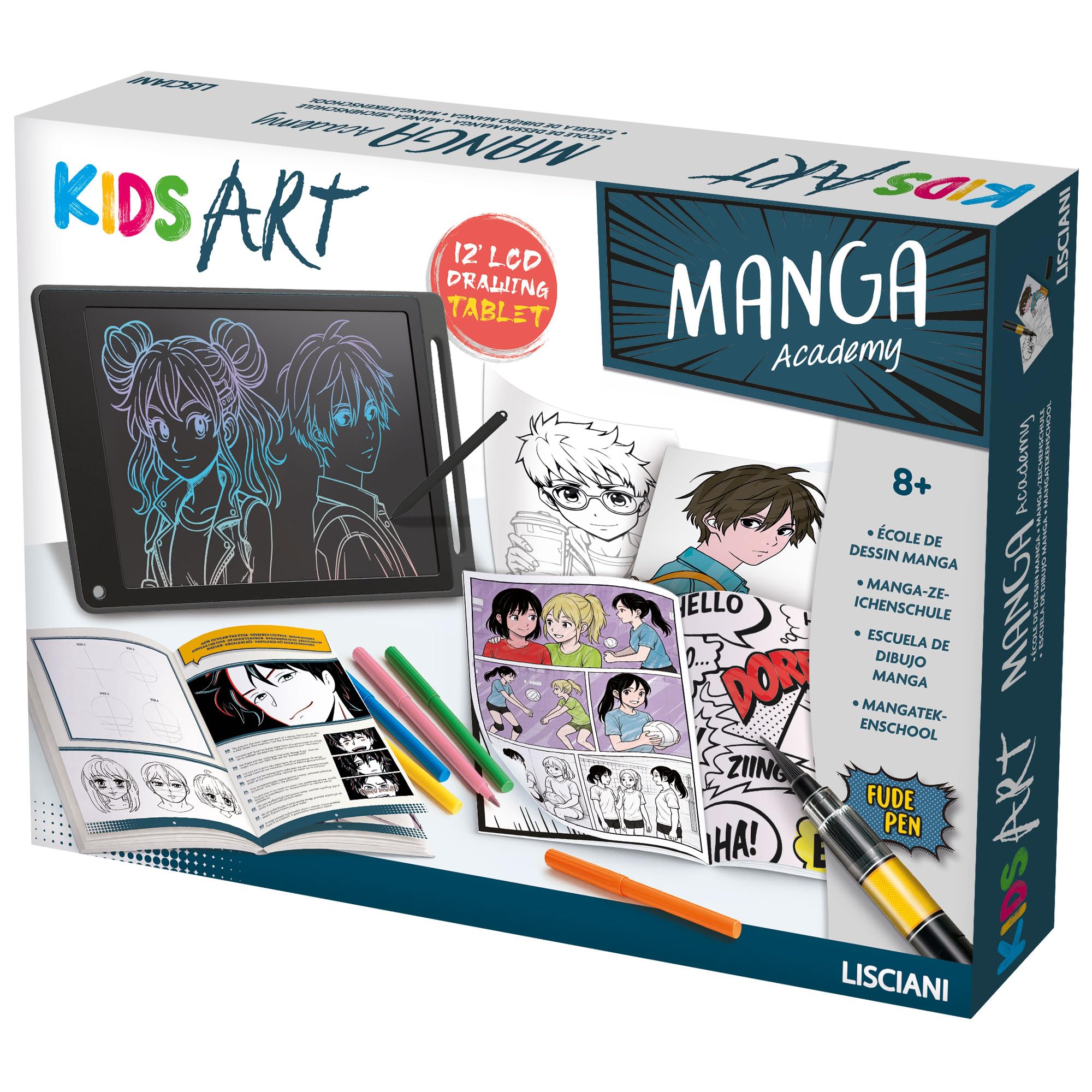 Lisciani - Kids Art Manga Academy - Manga-Zeichen-Set für Kinder ab 8 Jahren - Manga-Figuren und Geschichten zeichnen Lernen - LCD-Grafiktablett 12 Zoll, Fude-Stift und Zeichenkarten