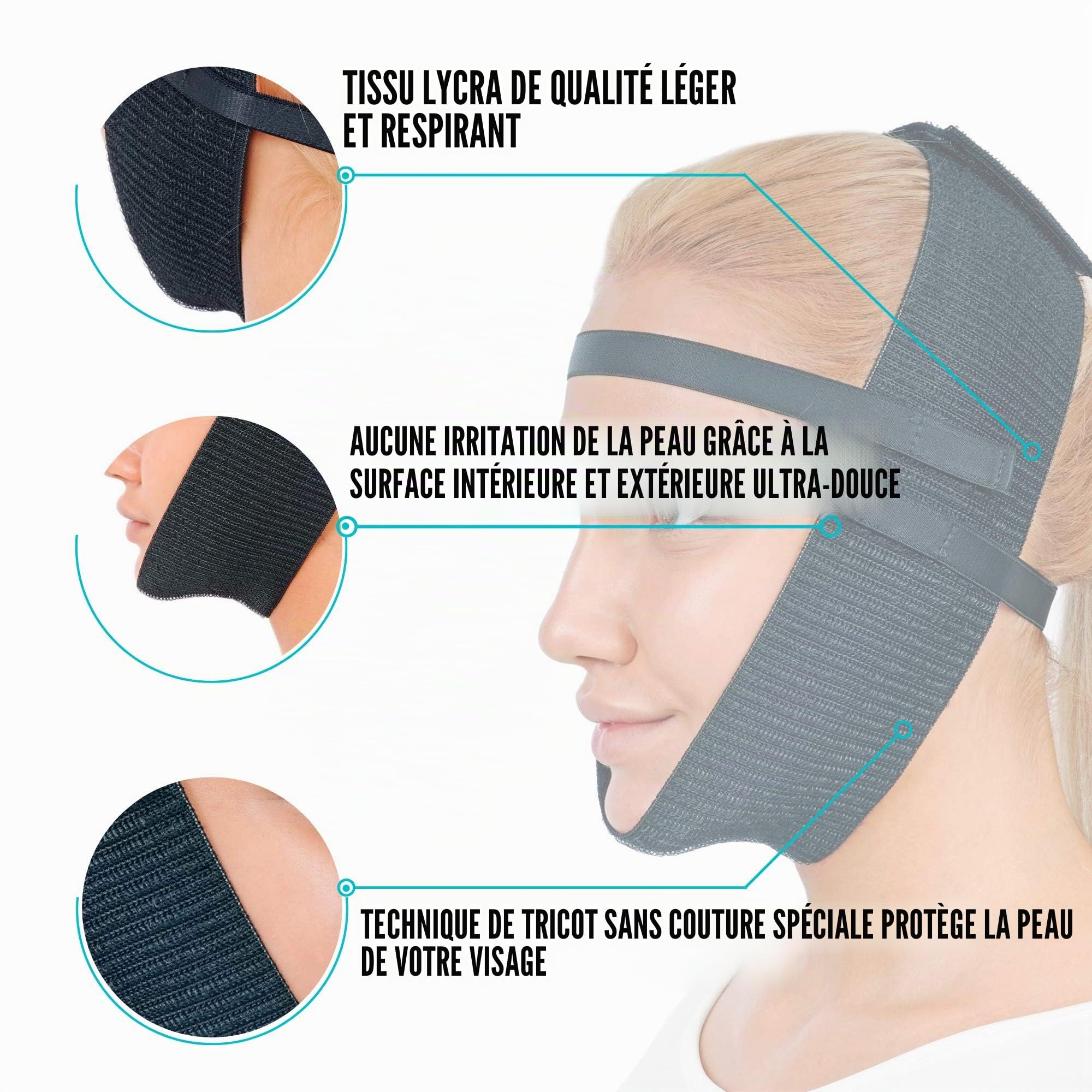 Vêtement de compression post-chirurgie, bande de menton, kit de levage du visage, amincissant le visage, raffermissement des bajoues (noir)