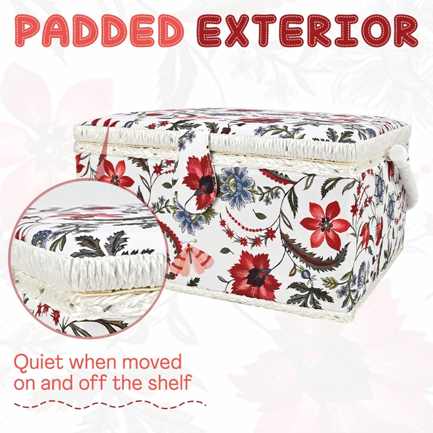 Sewing Basket Large with Complete Sew Accessories and Removable Tray, Professional Beginner Sewing Box for Sewing Supplies, Red Floral
