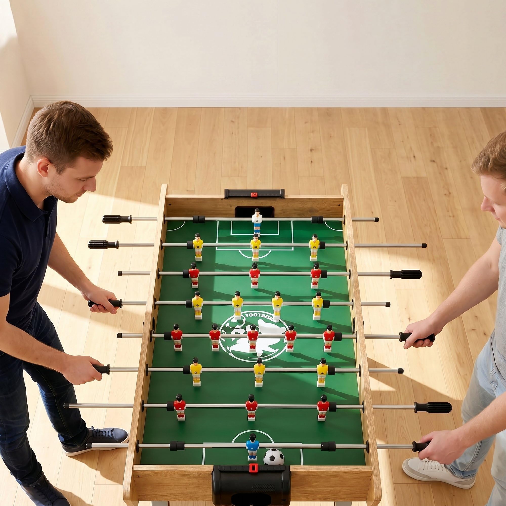 SPORTNOW Tischkicker inkl 22 Kicker 2 Bälle Griffe 121x87x77cm Naturholz | Rutschfest, Punktezähler, Schräge Beine, Kickertisch, Spieltisch für Kinder & Erwachsene, Tischfußball