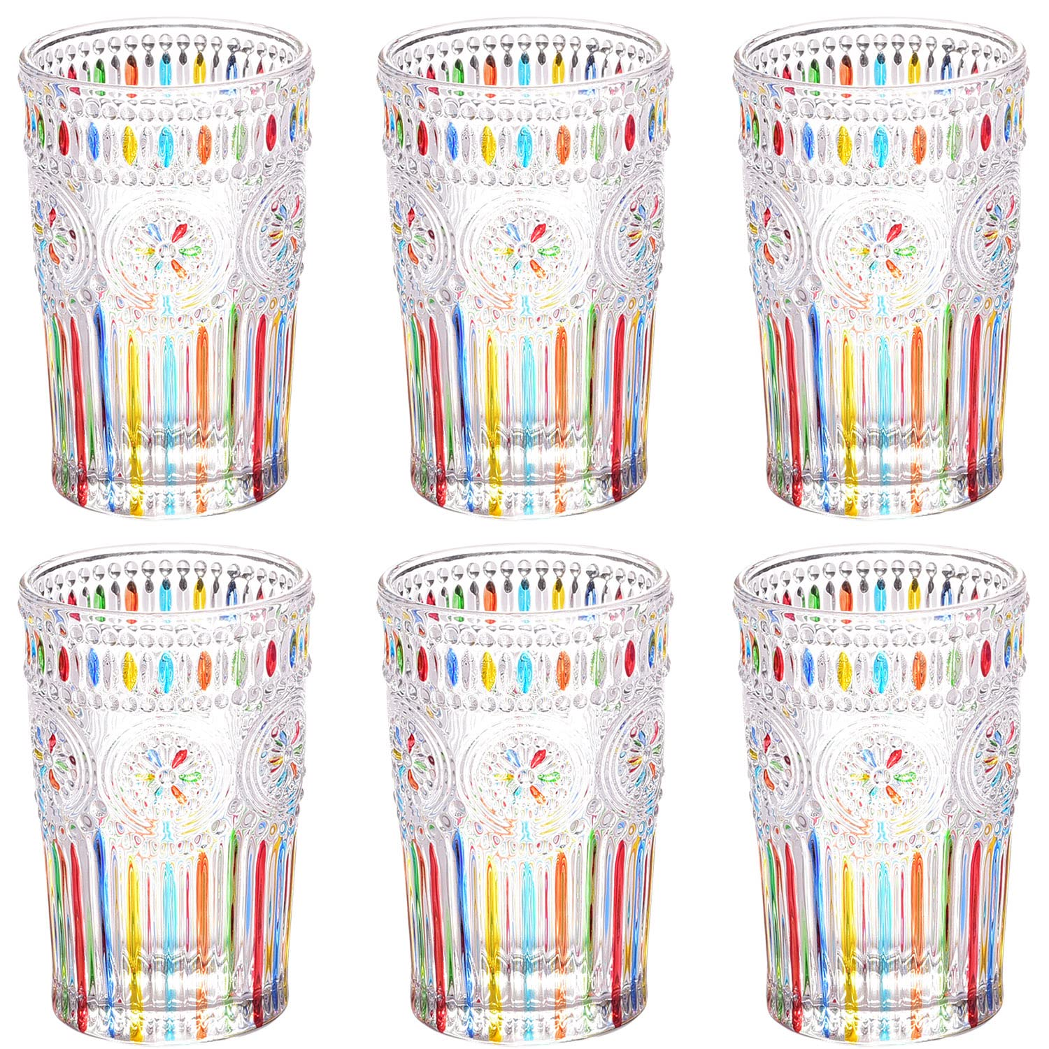 6 Pack Romantic Water Glasses-12 OZ Rainbow Vintage Drinking Glasses Tumblers for Whisky, Beer, Juice, Beverages, Cocktail