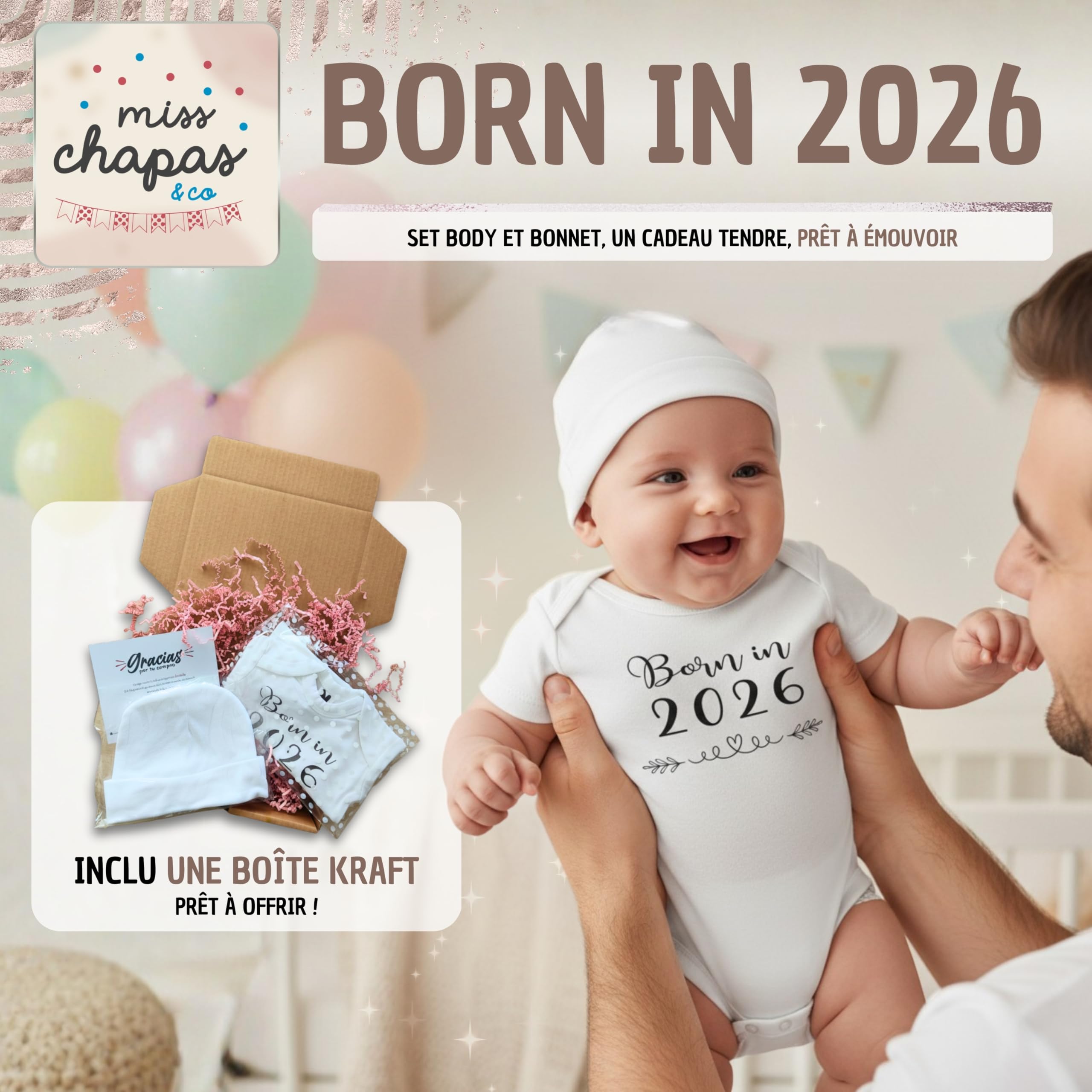 Ensemble Bébé Born in 2026" Body + Bonnet – Cadeau de Naissance Original, Baby Shower, Noël | Nouveau-né | Présenté dans une Boîte Kraft Prêt à Offrir