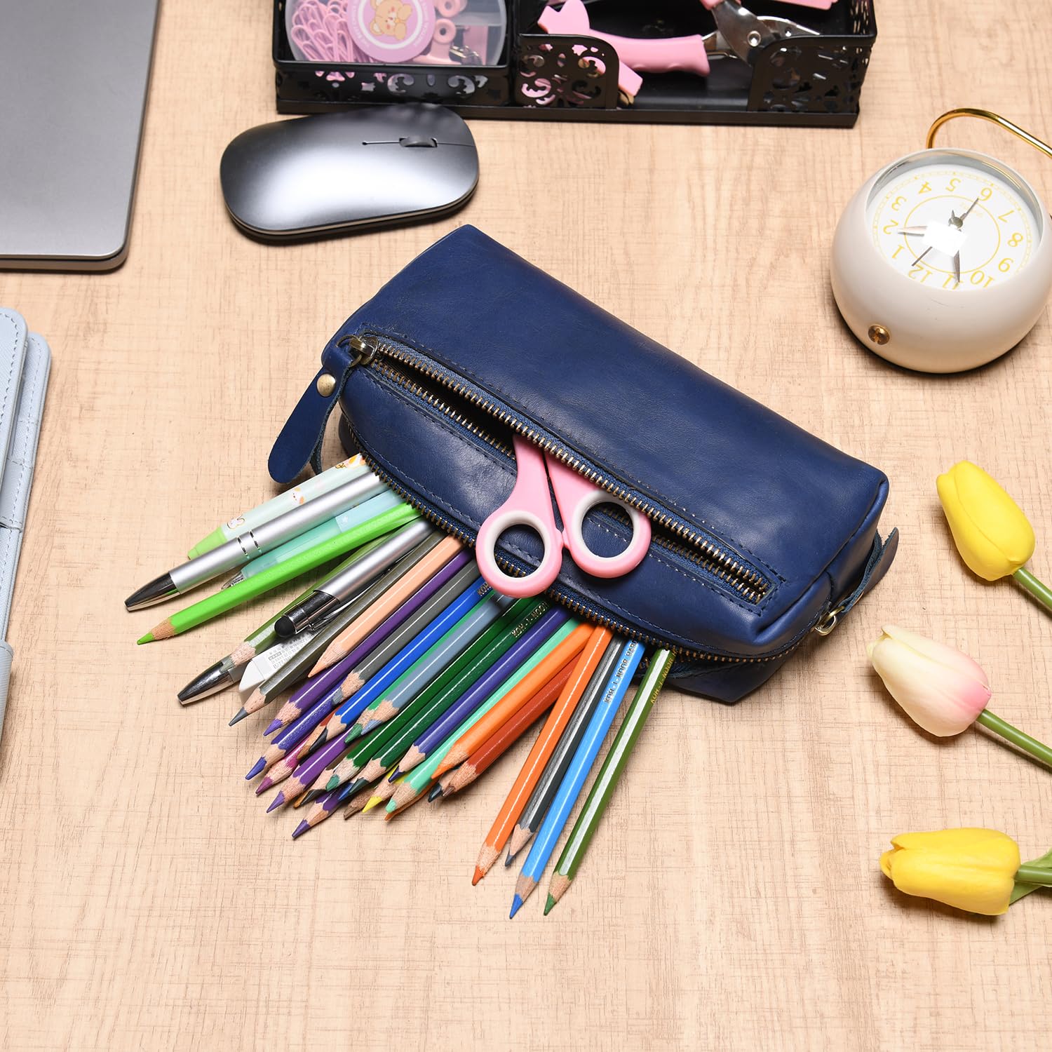 Wonderpool Pen Case Real Leather Pencil Pouch Markers Holder Big Capacity Bag with Side Zippered Pocket Sleeve for Stationery Makeup Utensils Organizer (Blue) - Image 2