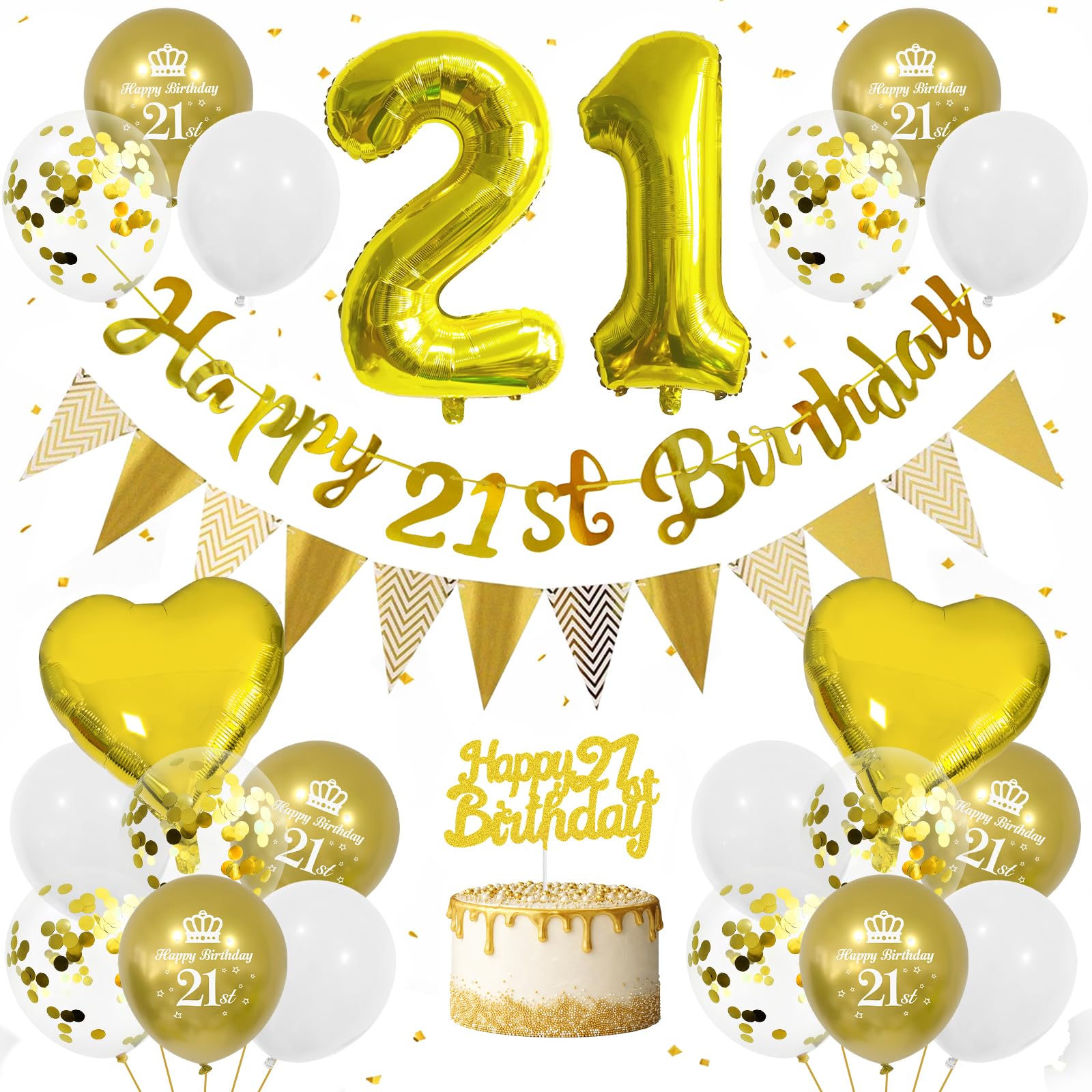 21th White and Gold Birthday Decorations for Women & Men, White Gold Party Supplies with Happy Birthday Banner, 32 Inch Gold Number Balloon, Heart & Confetti Balloons, Cake Topper & Triangle Bunting