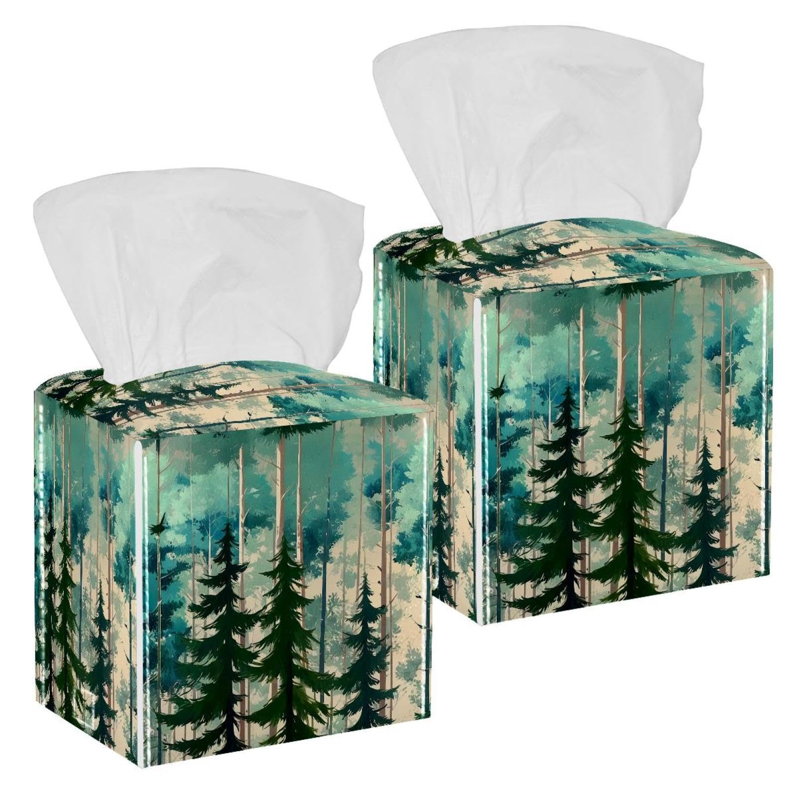 Forest Tissue Box Cover, 2 Pack PU Leather Square Facial Tissue Dispenser Box holder for Home Office Car