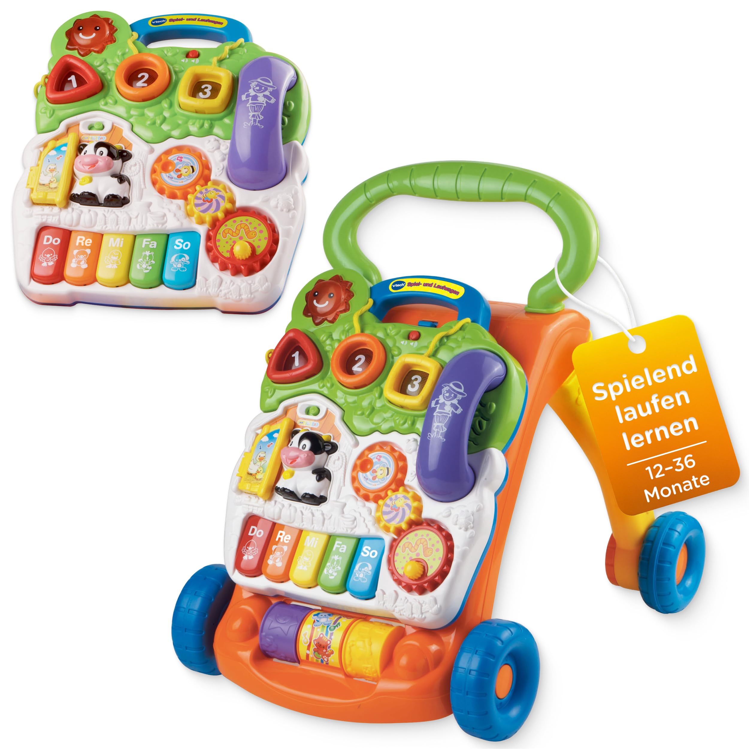 Vtech Spiel- und Laufwagen I Interaktive Laufhilfe mit Licht Musik & abnehmbarem Spielboard I Lerncenter mit Klaviertasten & Formen I Bremse & Lautstärke regelbar I Kinder 12–36 Monate