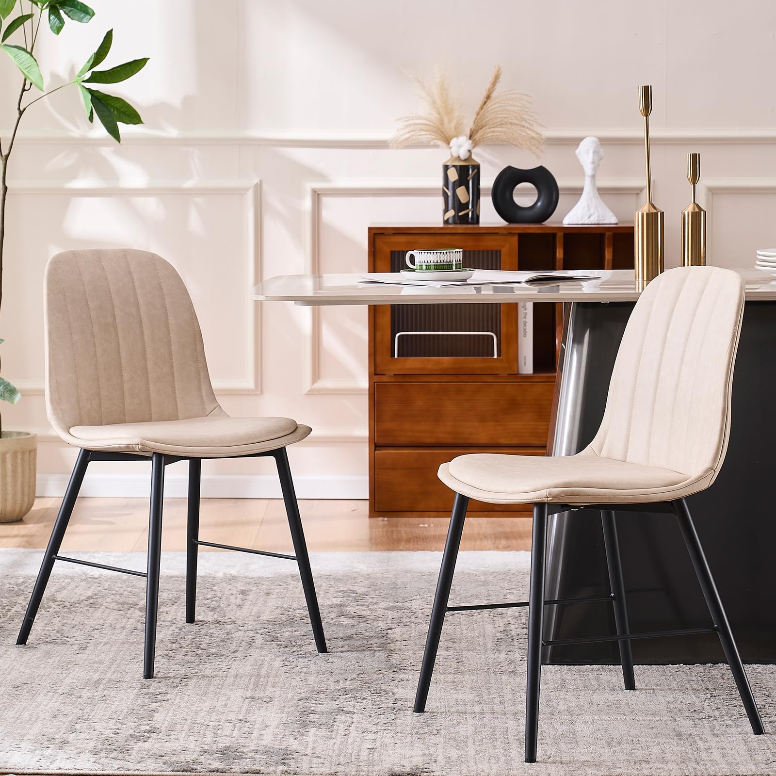 AOSKY Dining Chairs Set of 2, Modern Kitchen Chairs, Fabric Dining Room Chairs with Black Metal Legs for Home Cafe Restaurant (Beige)