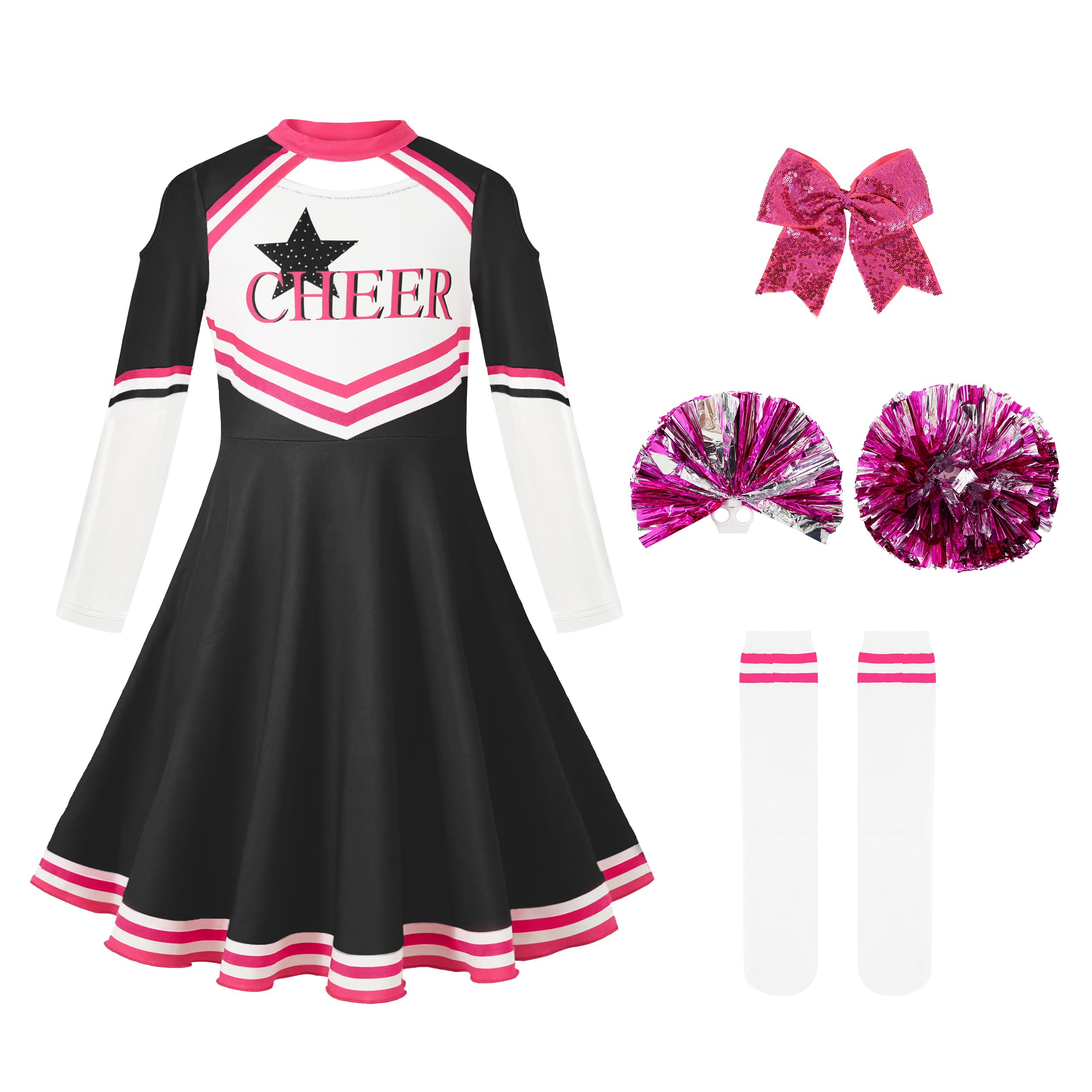 LOLANTA Costume da Cheerleader per Bambini, Vestito da Cheerleader a Maniche Lunghe per Ragazze con Pompon e Calzini, Carnevale o Evento Sportivo