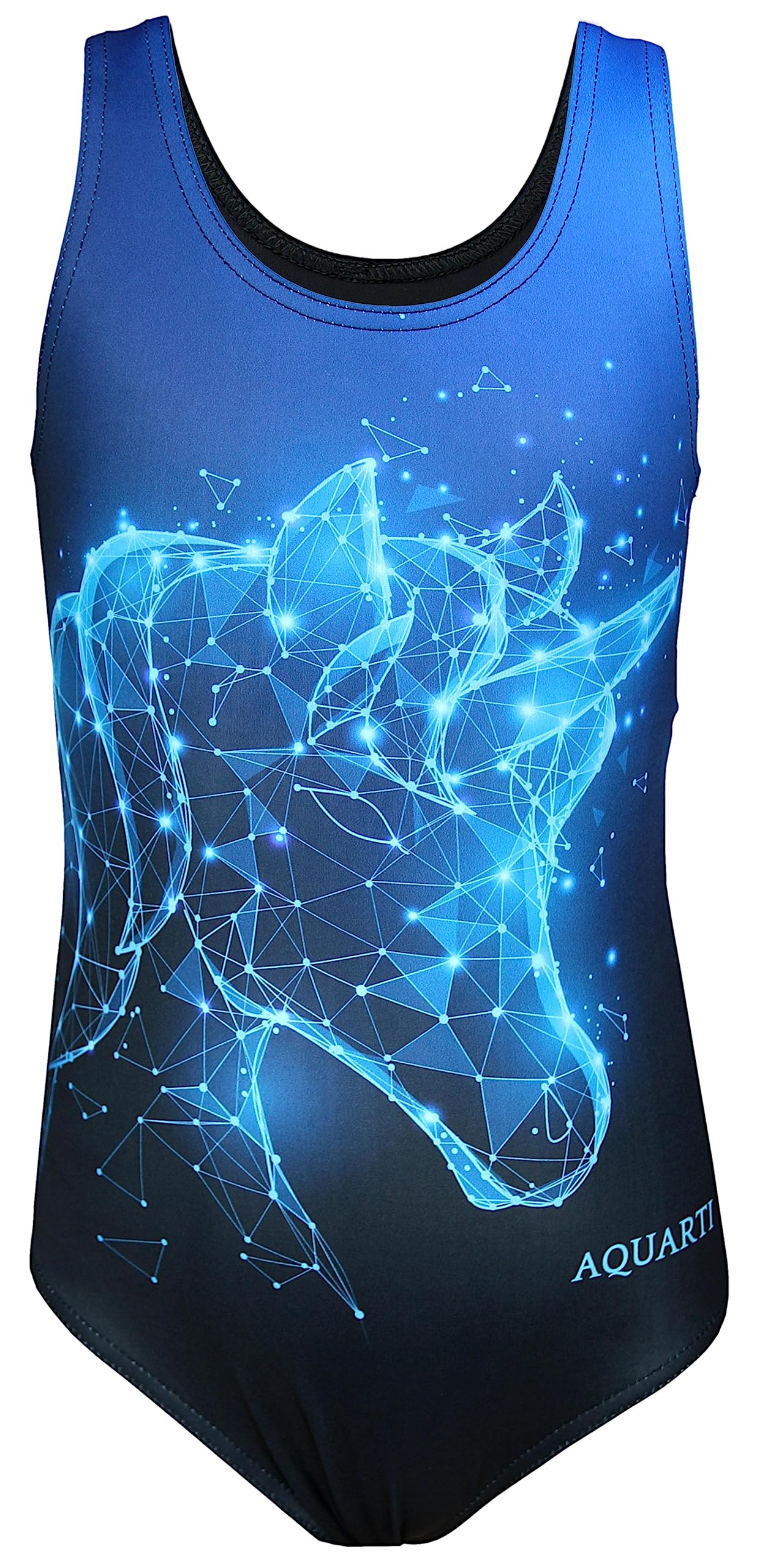 Aquarti Badeanzug Mädchen – Sportlicher Mädchen Badeanzug mit Ringerrücken Print, Farbe: Einhorn Blau/Schwarz, Größe: 122