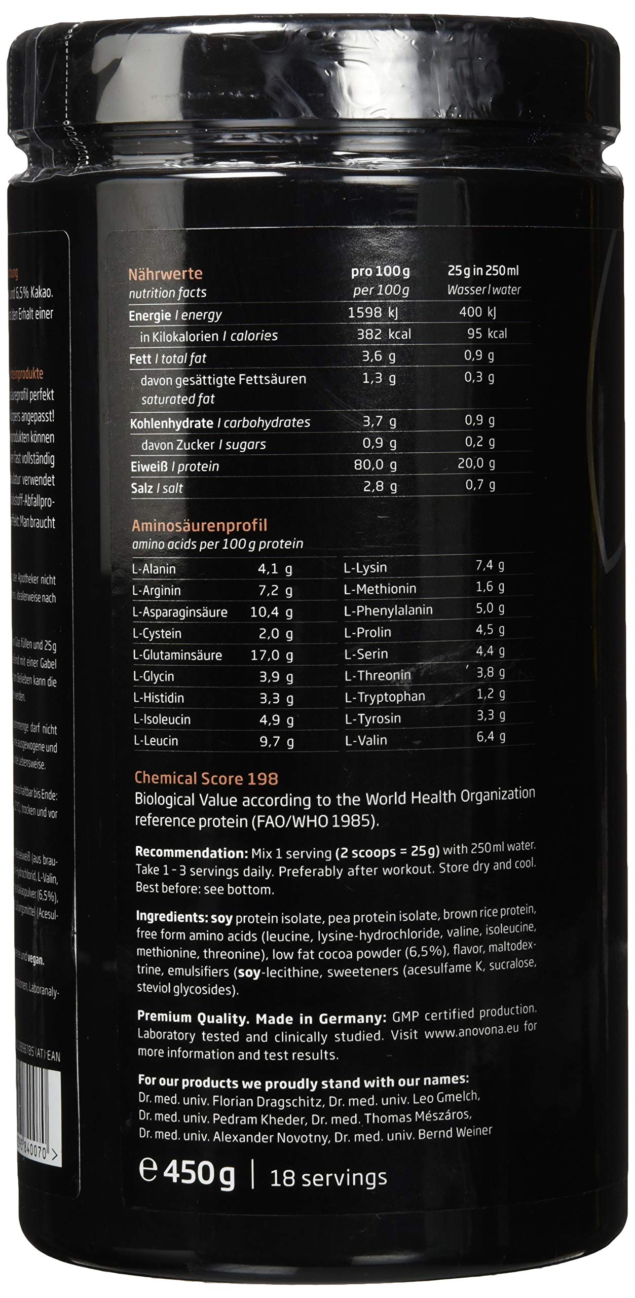 AnovonA veganeo veganes Proteinpulver Schoko Nuss - Protein Pulver mit EAAs & BCAAs | Made in Germany | Proteinpulver vegan aus Erbsen-, Reis- & Soja-Protein-Isolat | zucker- und laktosefrei | 450g
