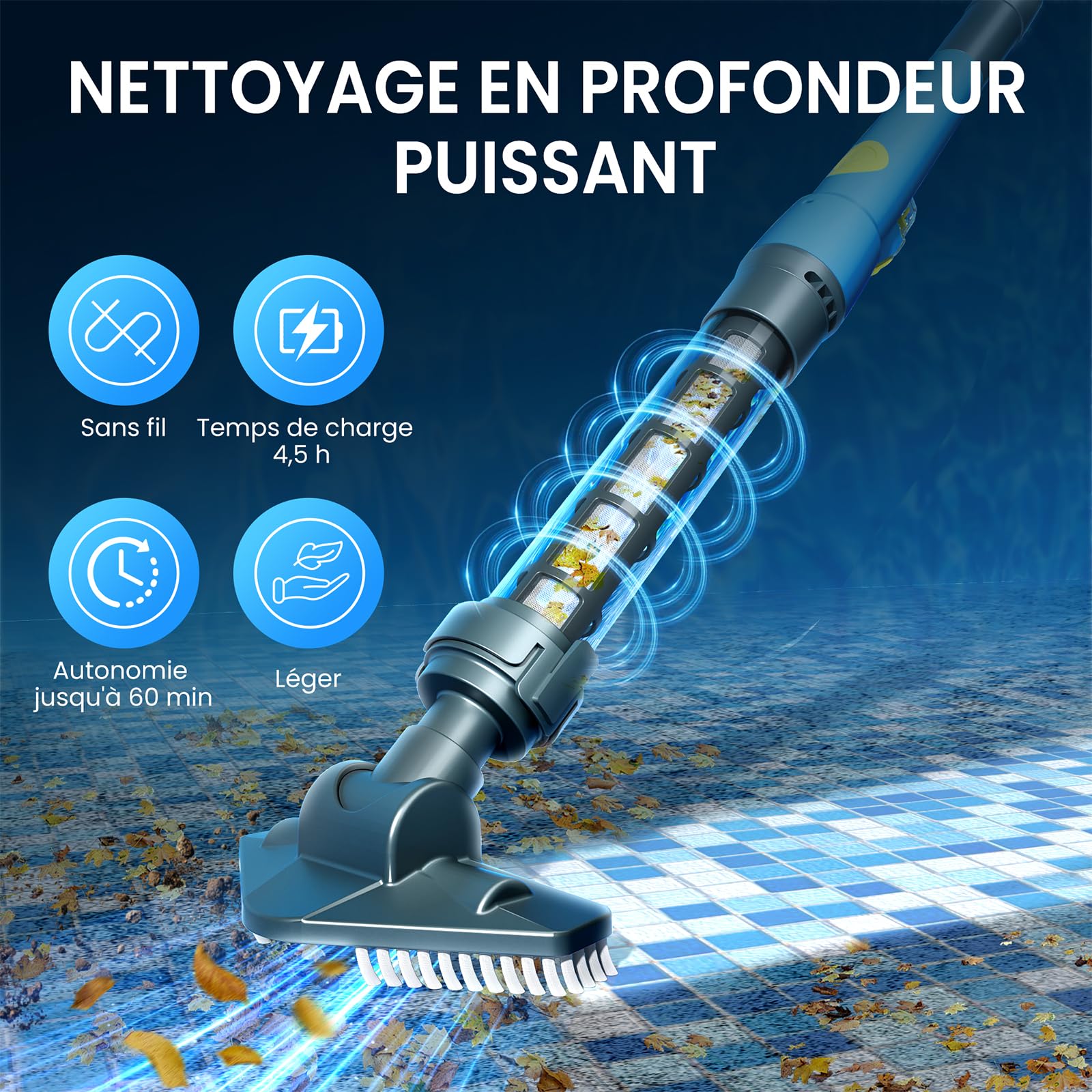 Aspirateur de Piscine sans Fil à Batterie avec Forte Puissance d'aspiration et Batterie Rechargeable pour Hot tubs, spas et Petites piscines