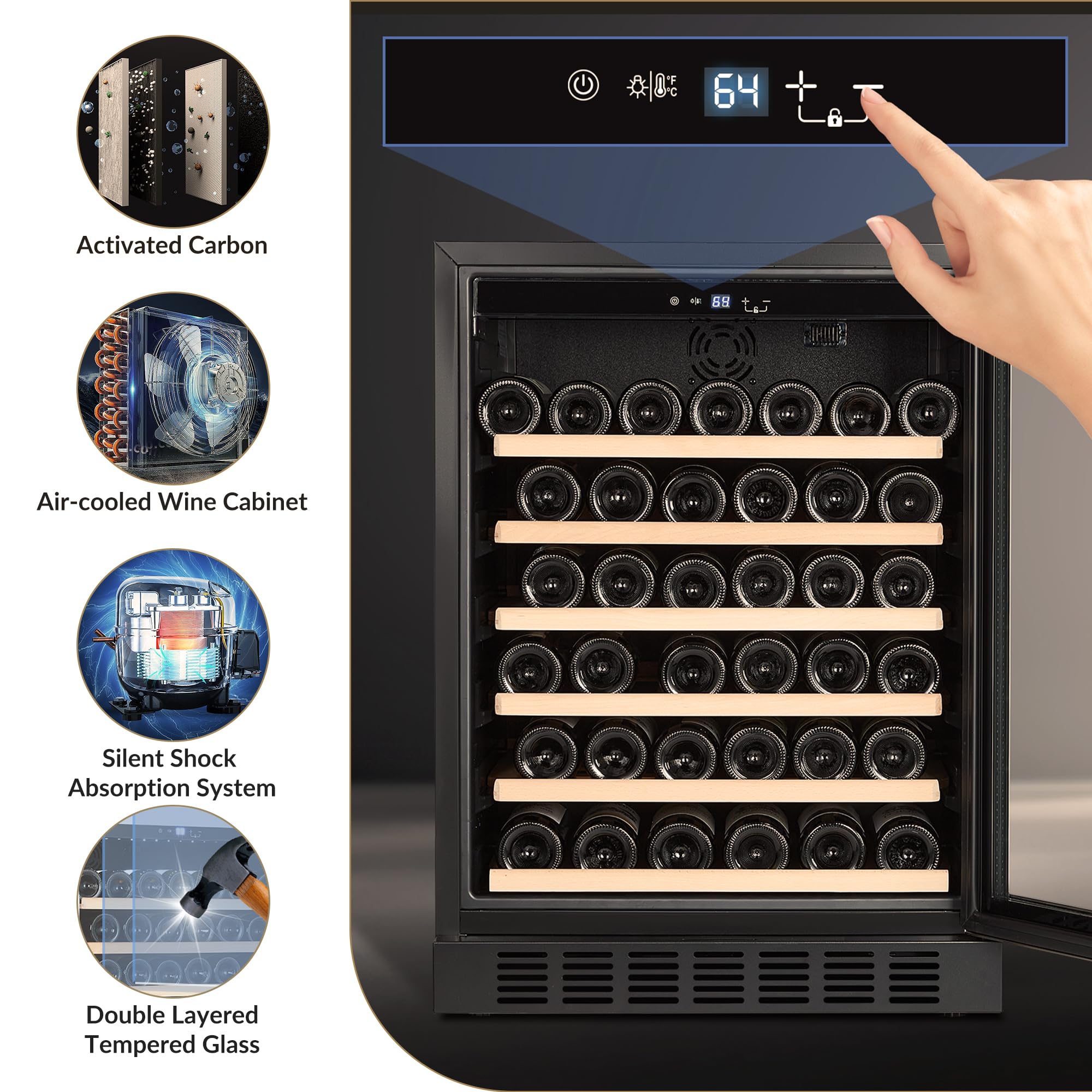 24 Inch Wine Refrigerator - 46 Bottle Single Zone Wine Cooler with Digital LED Touch Screen, Quiet Compressor & Lockable Door - Freestanding or Built-In Drink Cabinet for Home, Bar, Kitchen, Black