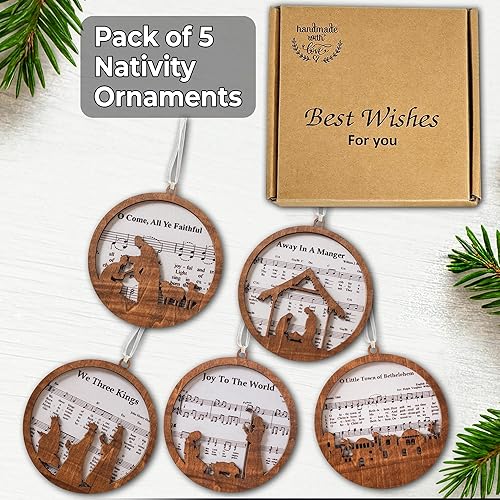 Miniatura 2 de Paquete de 5 adornos de madera para partituras musicales a granel, adorno de escena católica de Navidad, recuerdo cristiano, decoración colgante de