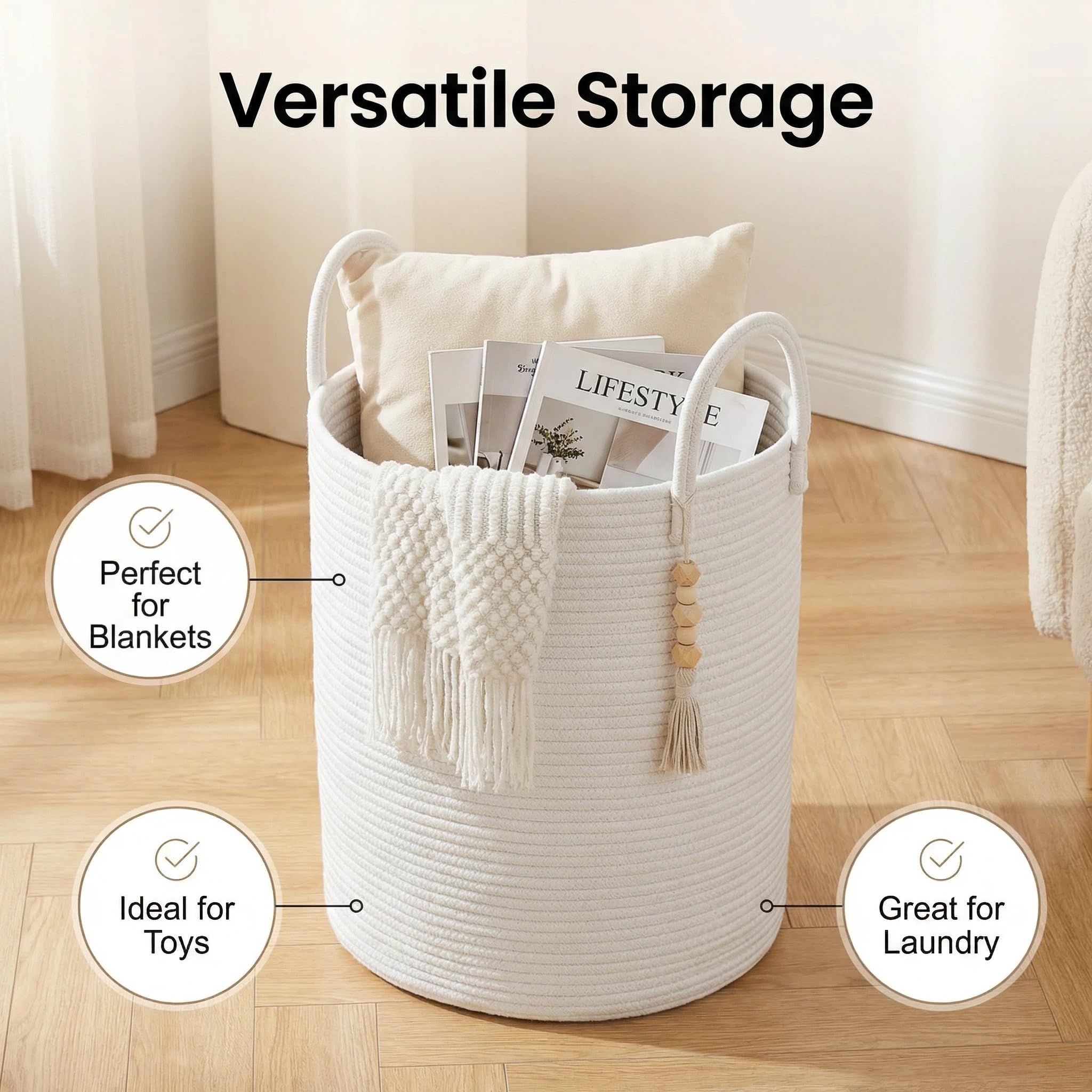 Grande cesto portaoggetti in corda di cotone intrecciato da 60 l, con manici, alto per biancheria e giocattoli, per asilo, soggiorno e camera da letto, cestino morbido e pieghevole (bianco)