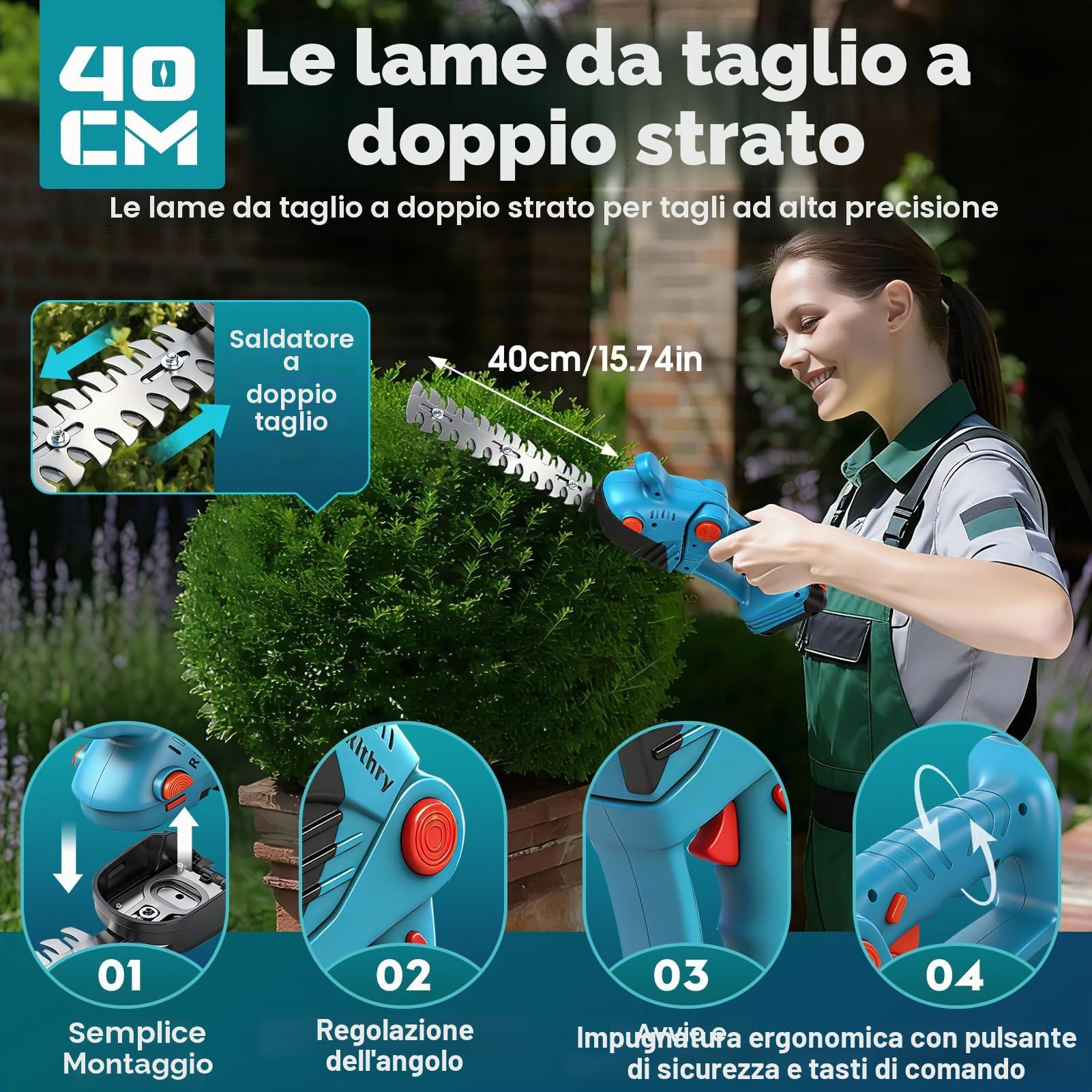 Motosega e tagliasiepi a batteria telescopica Combo, 4 in 1, mini motosega elettrica da 8 pollici, con batteria da 2 x 2000 mAh, 4 catene, guanti protettivi, adatti per cesoie da potatura e per la