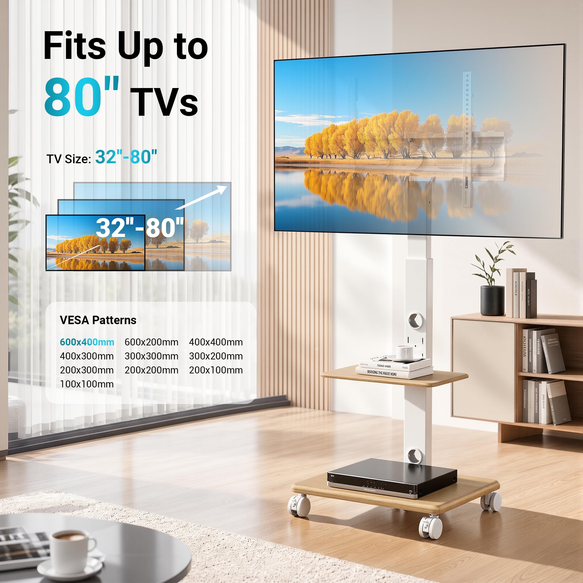 BONTEC Soporte TV de Suelo Blanco con Base de Madera y 5 Ruedas, Carro TV Móvil para 32 a 80 Pulgadas, VESA 600x400 mm, Carga 60 kg, Altura Ajustable 1210 a 1500 mm, Giro e Inclinación | Carrito de TV enrollable con cinco ruedas de 6,3 cm, altura regulabl
