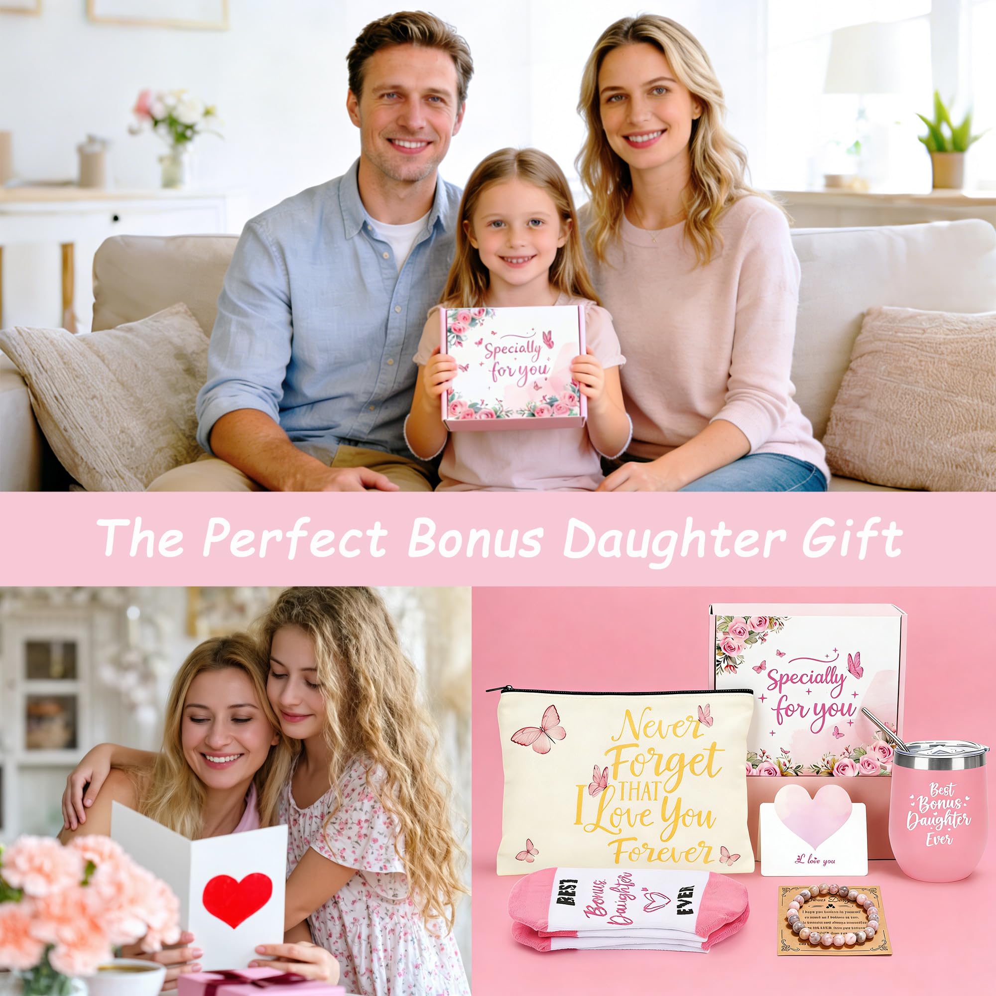 Bonus Daughter Gift Set - Stepdaughter Gift from Stepmom Stepdad, Birthday Gifts for Stepdaughter from Mom Dad, To My Bonus Daughter Mothers Day Gifts