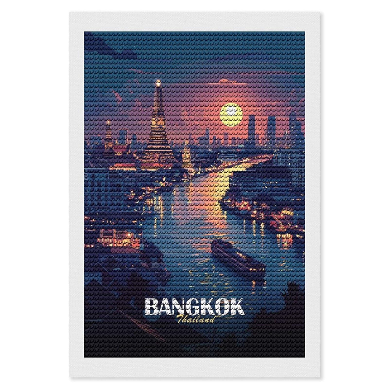 Junmoney Bangkok Thailand Cityscape at Sunset Diamond Painting Kit 8"x12", Adhesive Canvas, Home Wall Decor, for Beginners, Birthday Gift, Full Kit Included