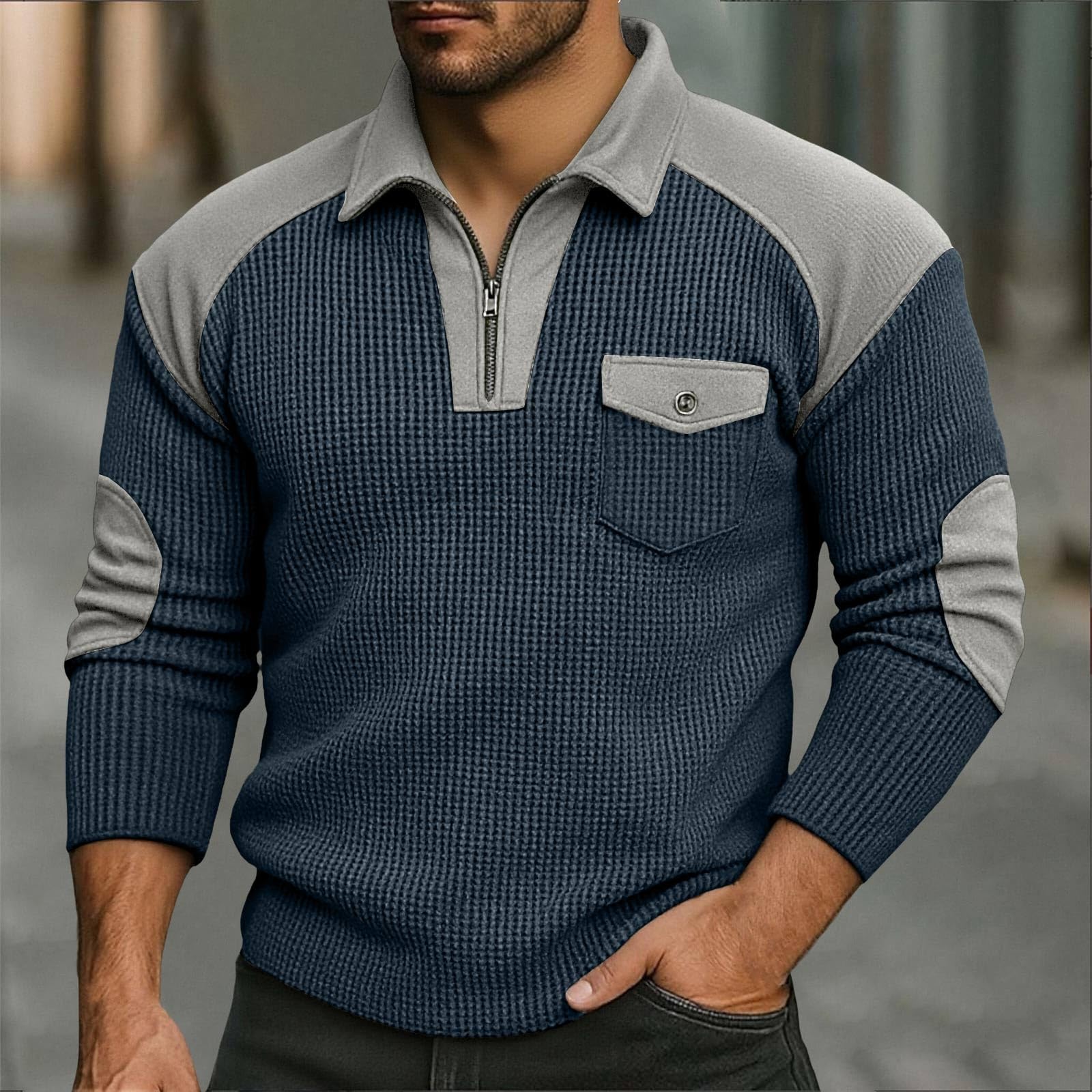 Waffel Karohemd Langarm Herren Sweatshirt mit Klappentasche Vintage Revers Shirt Reißverschluss Herrenshirt Stylisch lässige Hemd Longsleeve für Männer