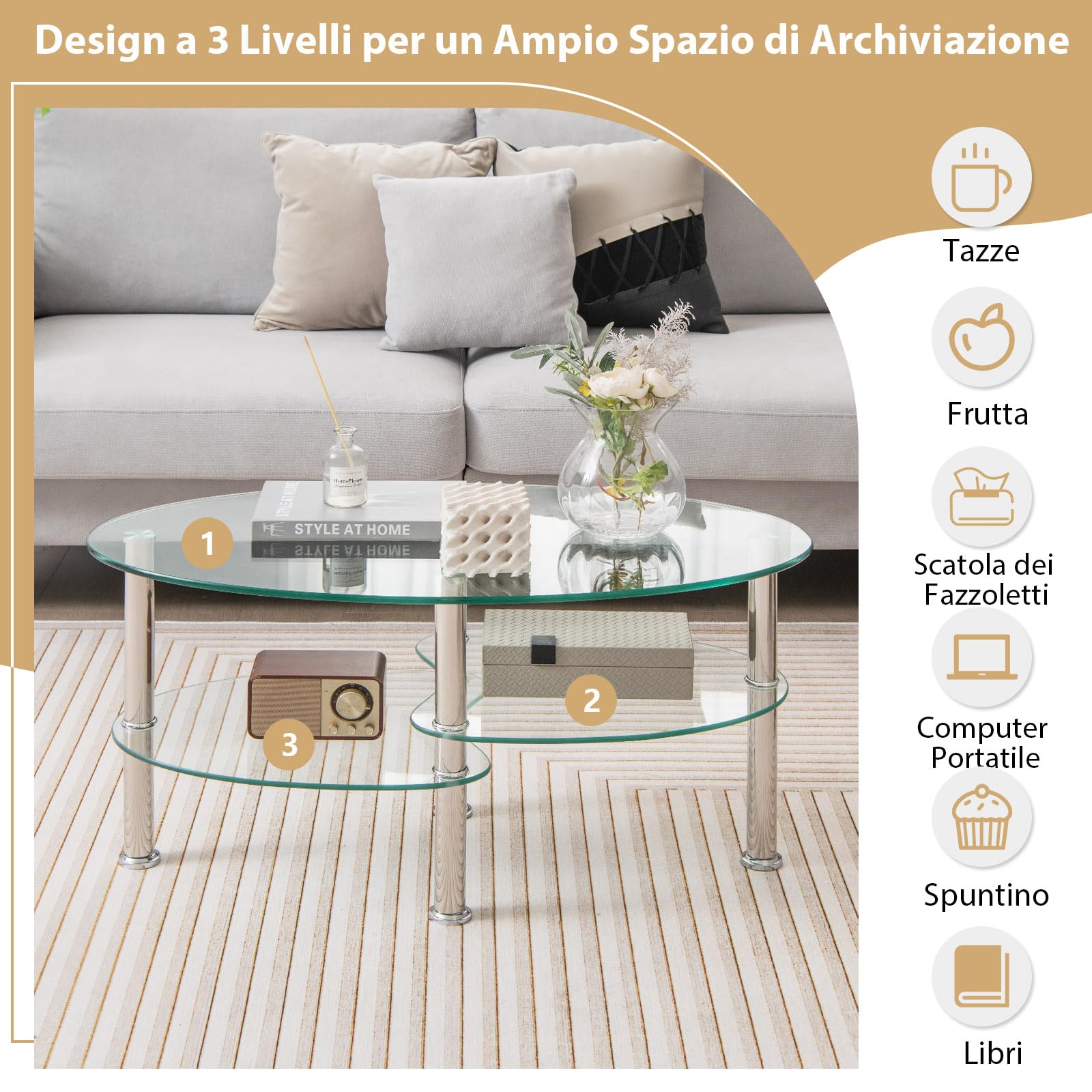 COSTWAY Tavolino da Salotto in Vetro Temperato Moderno, Tavolo Basso e Ovale con Piano Spazioso e 3 Livelli, Ideale per Soggiorno e Ufficio, 89 x 49 x 45 cm (Trasparente)