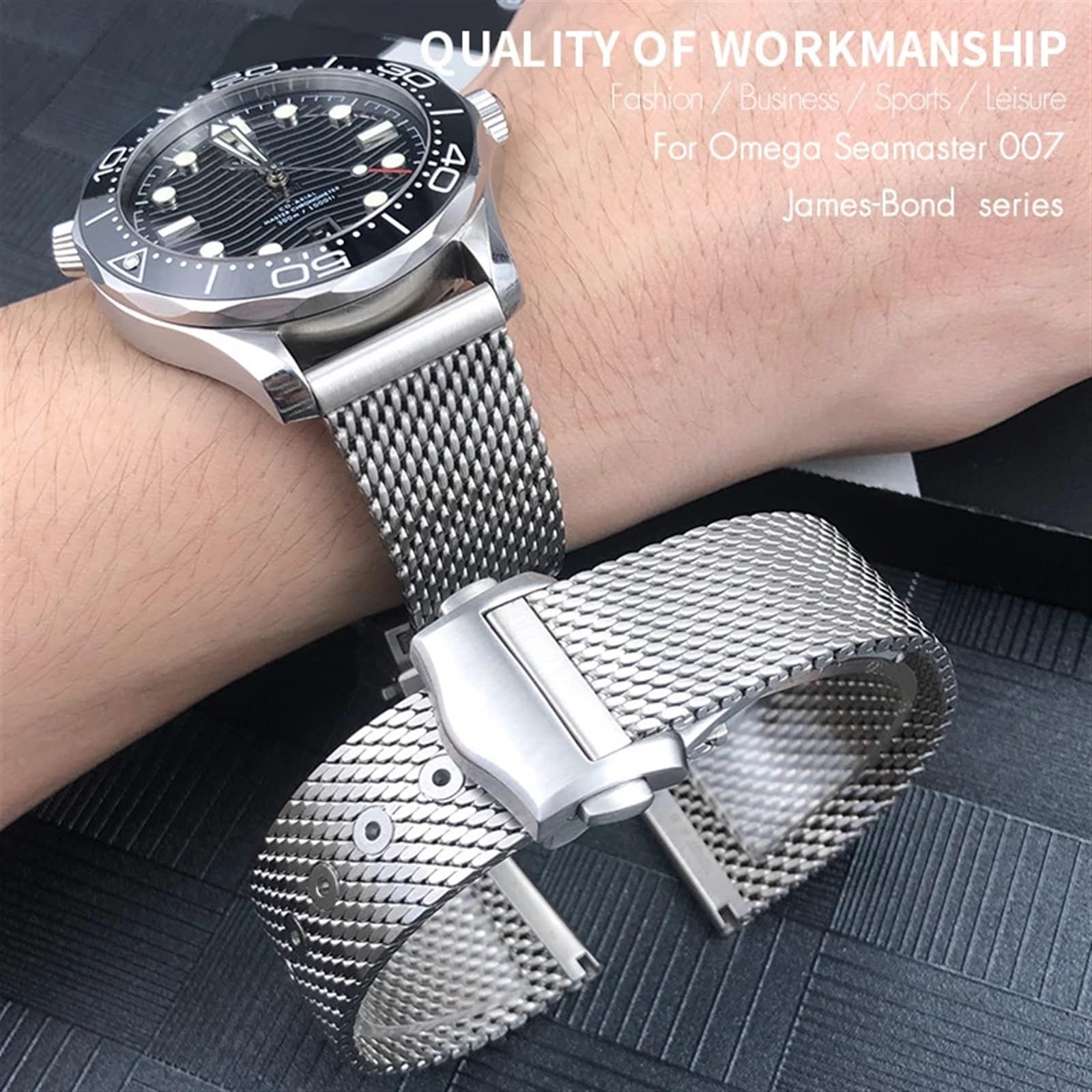 JDIME Solidny pasek ze stopu tytanu 19mm 20mm do paska zegarka Omega 007 Seamaster Diver 300 tkane metalowe bransoletki