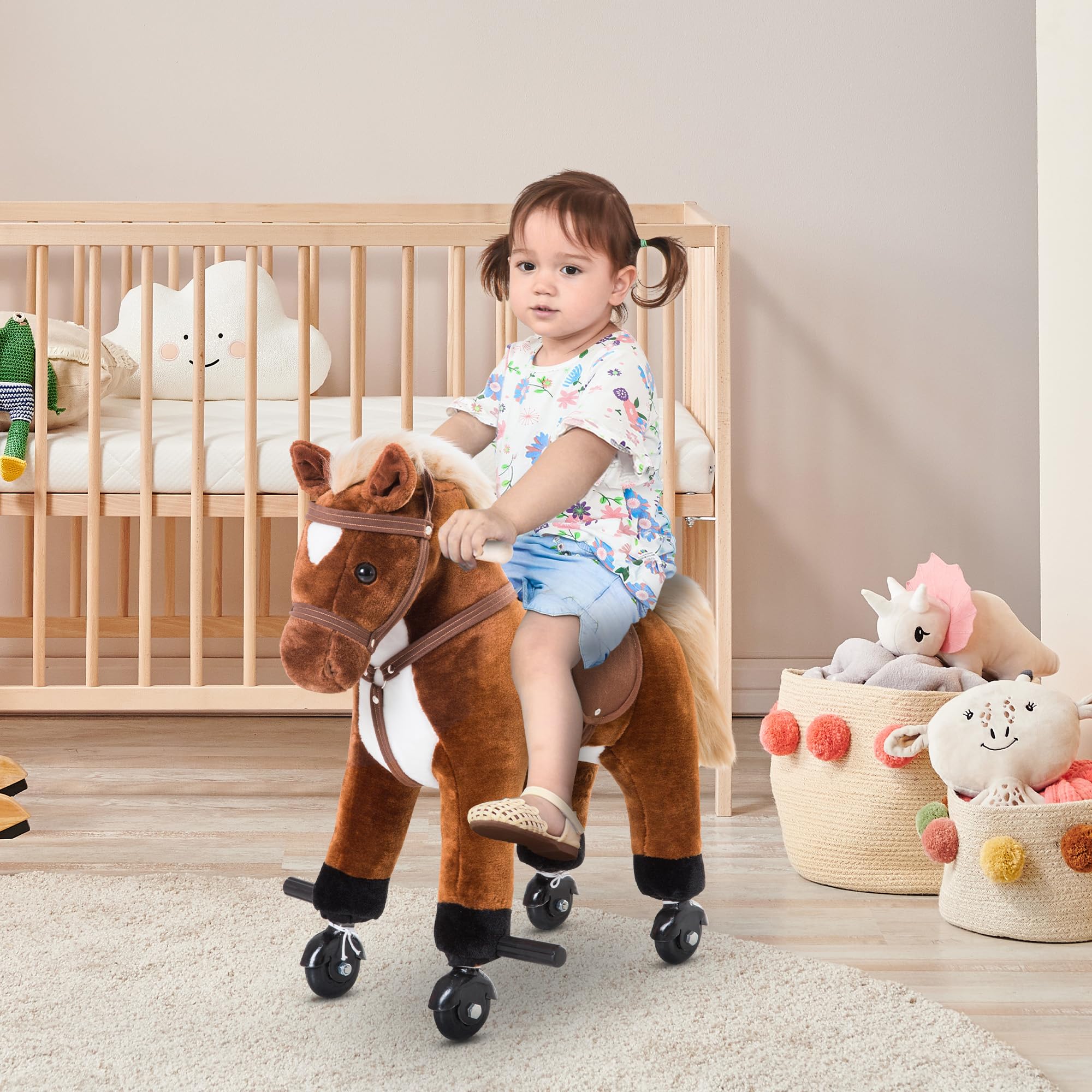 HOMCOM Caballito para Bebes de +2 Años Caballo con Ruedas Sonidos de Relincho Palos y Pedales Carga 60 kg 55x23x60 cm Marrón