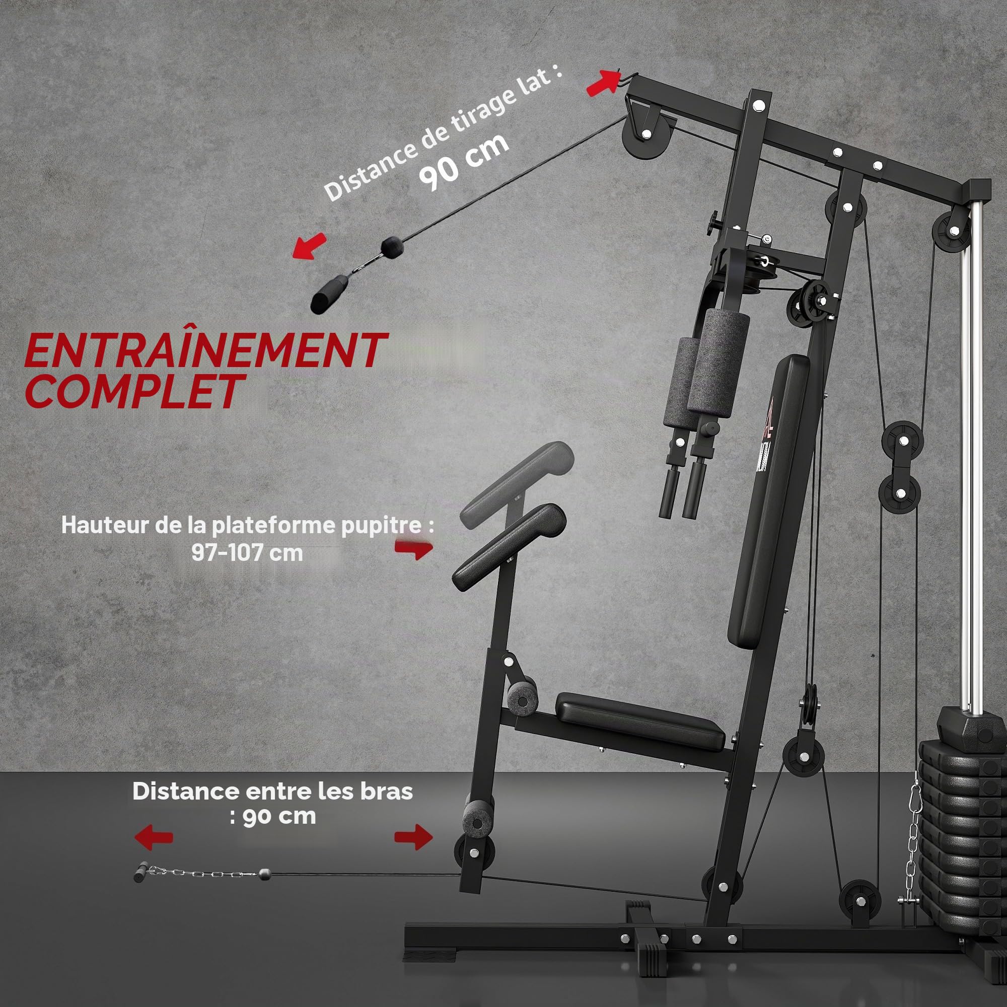 HOMCOM Station de Fitness multifonctionnelle Power Tower avec poids jusqu'à 45kg et banc rembourré pour la maison et l'entraînement professionnel, 135x103x210cm