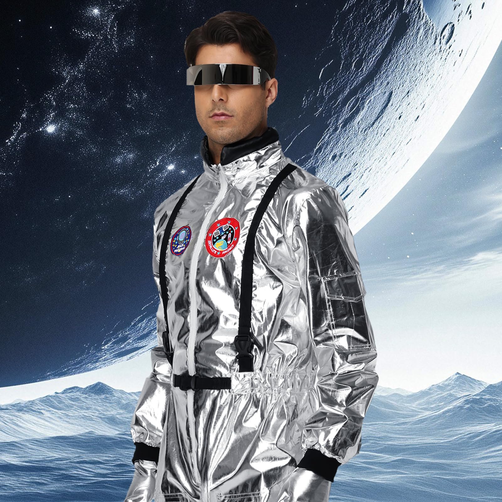Candyhouse Disfraz de Astronauta para Adulto - Traje Espacial Plateado para Halloween con Casco Espacial, Guantes y Gafas