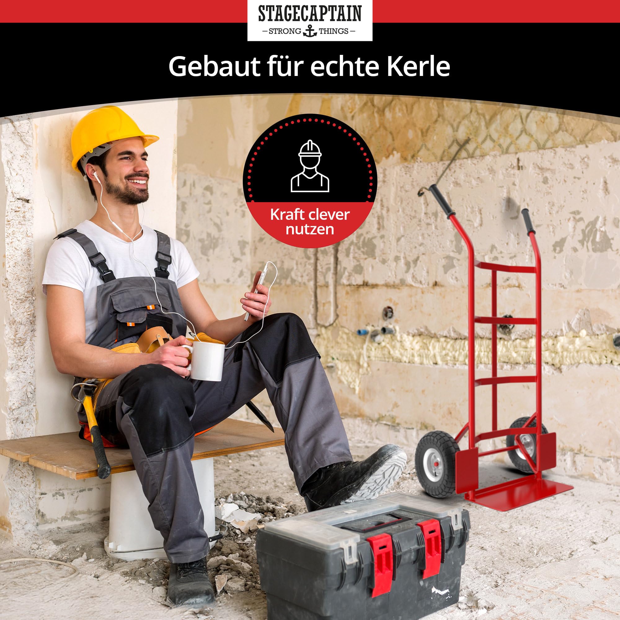 Stagecaptain Carryboy Sackkarre - 200 kg belastbar - Transportkarre für Umzug oder Getränkekisten - Robuster Stahlrahmen und Luftreifen mit 27 cm Ø - Handwagen mit Sicherheits-Haltegriffen - Rot