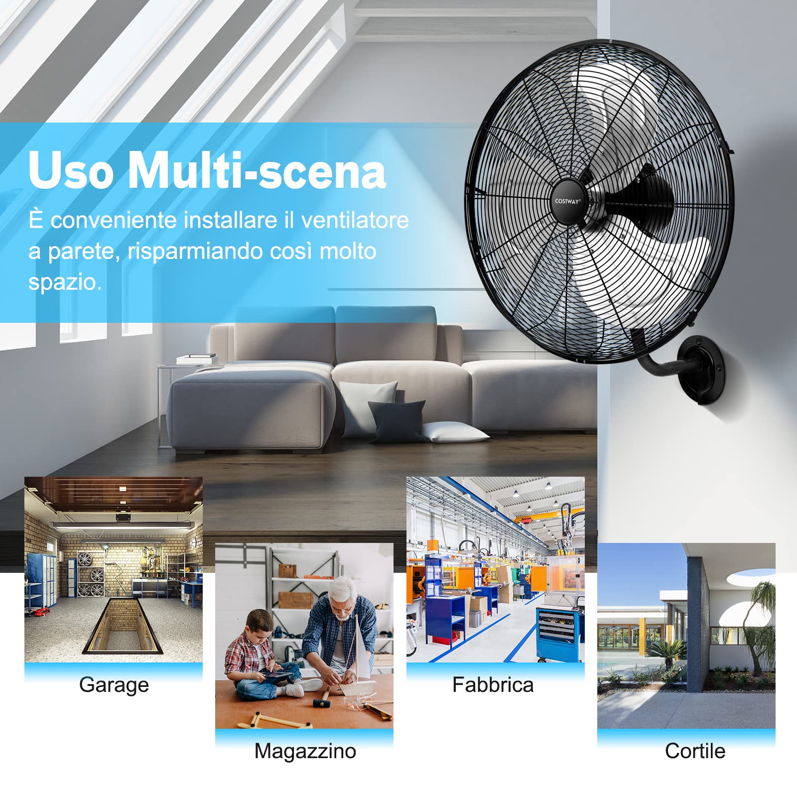 COSTWAY Ventilatore da Parete Girevole a 3 Velocità, Industriale e Silenzioso ad Alta Velocità con Pale in Alluminio, Potenza 120W, Diametro 51 cm (Nero)