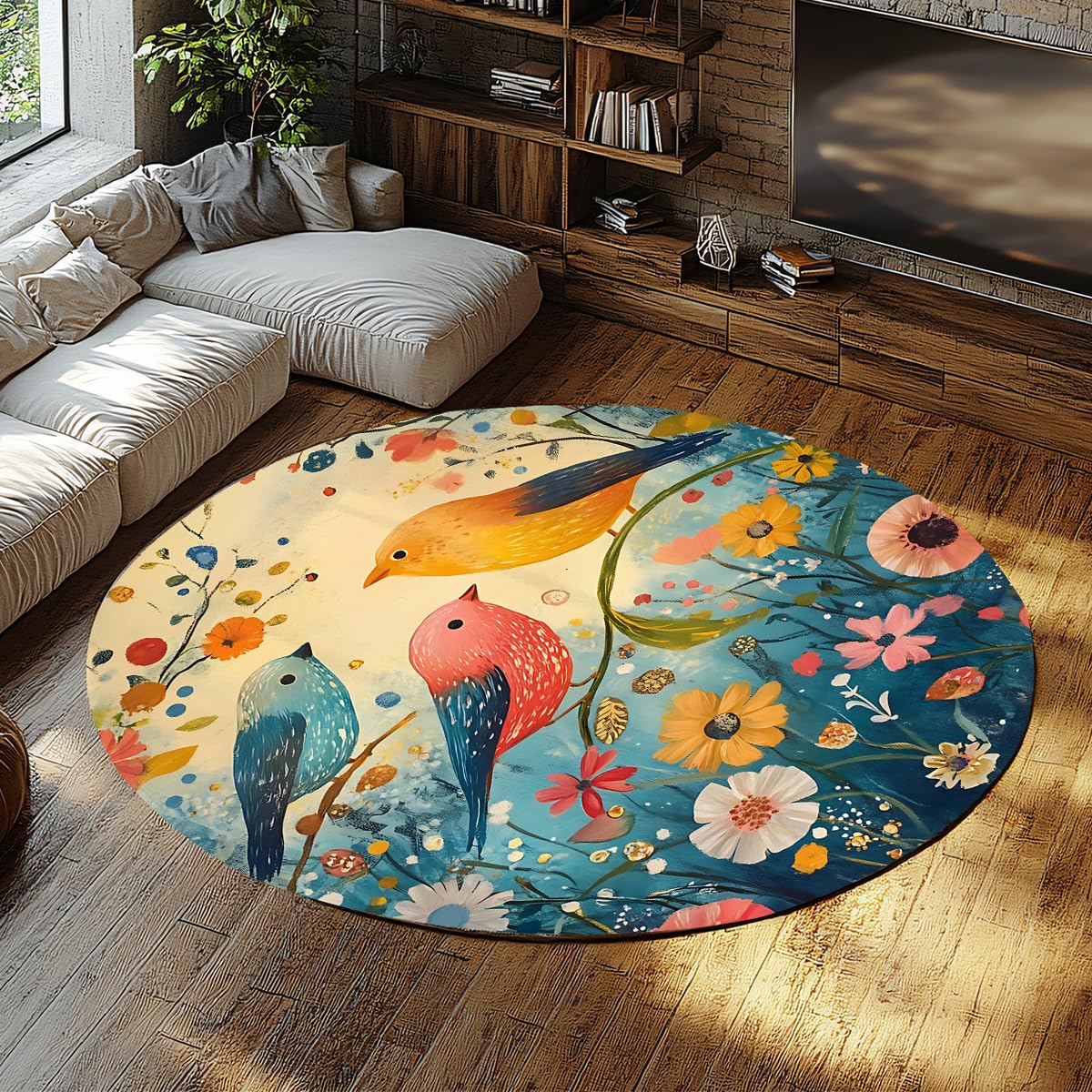 Tapis rond bohème 80cm oiseaux et fleurs lavable et antidérapant