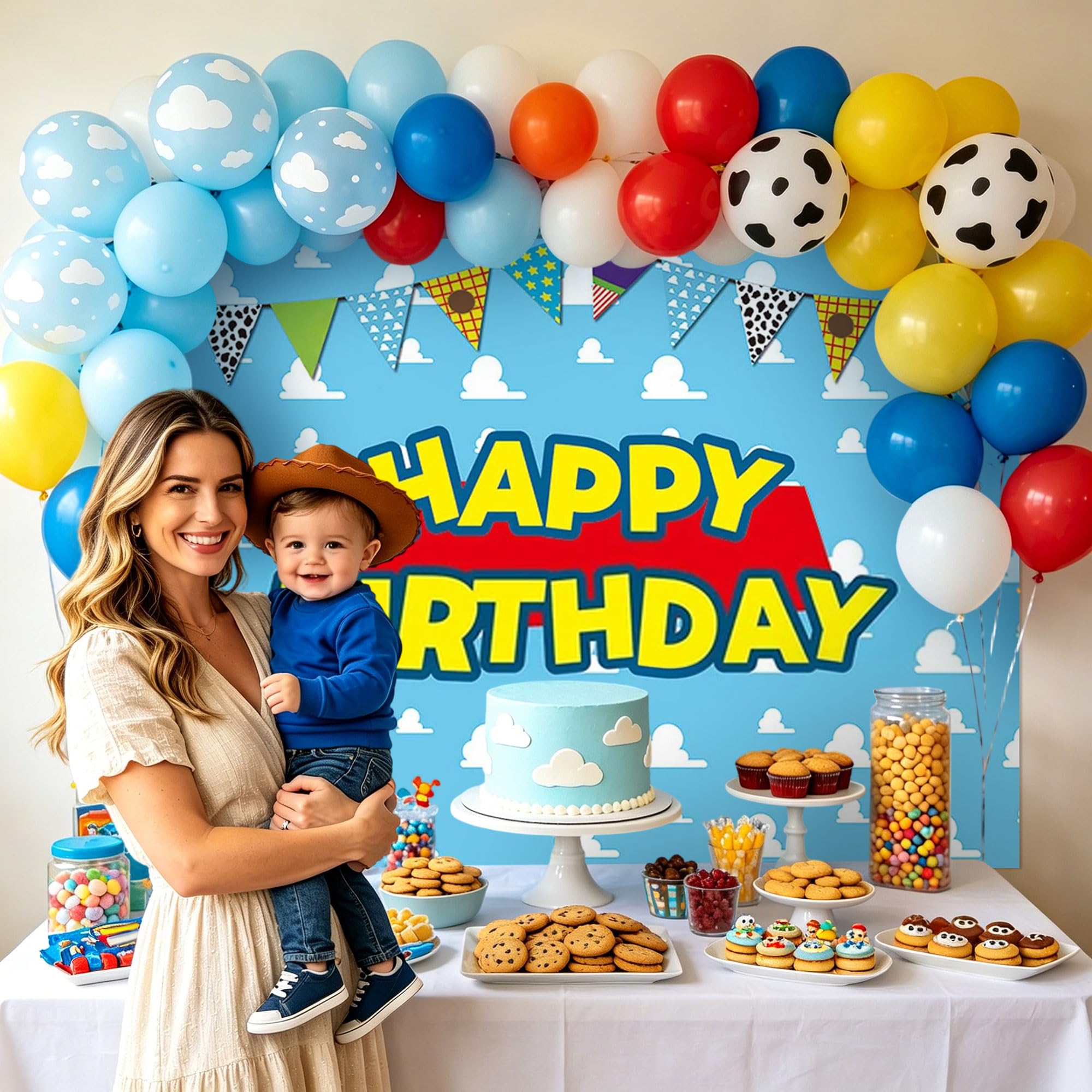 LaVenty Toy Birthday Party Banner Garland Backdrop Balloons Favors for Cowboy Decoration Birthday, Blue - Image 3