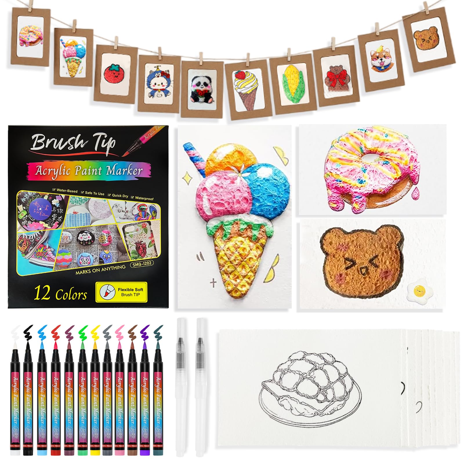 Kionlus 54 Pcs Magic 3D Foam Texture Painting Kit 20Pcs 3D Foam Texture Paper 12 Colors Brush Tip Acrylic Paint Markers 20 Kraft Paper Photo Frame