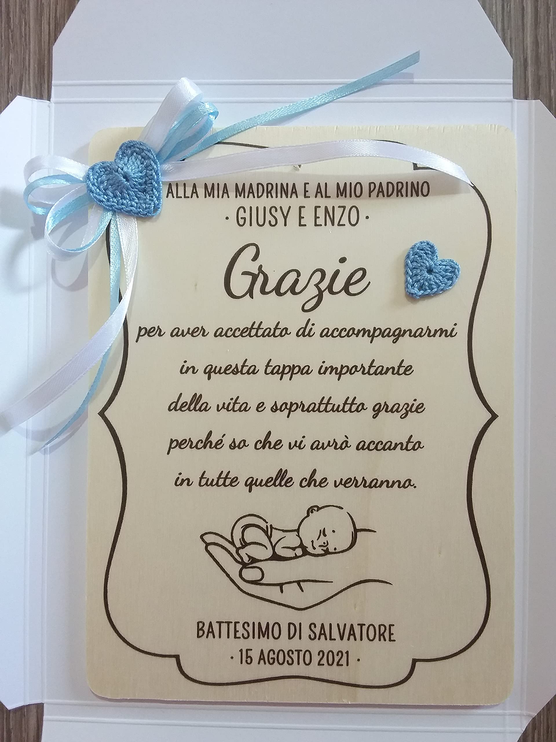 Crociedelizie, targa targhetta tavoletta ricordo ricordino per madrina padrino battesimo cresima idea regalo ringraziamento personalizzata nome e data completa di scatola regalo in omaggio