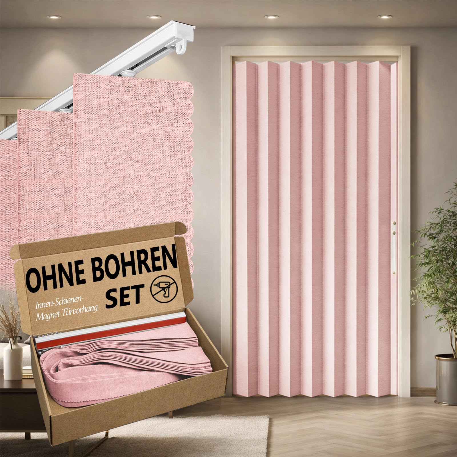 Jilron 100% Blickdichter Türvorhang – Faltbarer Akordion-Stil mit Magnetverschluss, Klebemontage ohne Bohren, inkl. Klebeschiene, Verdunkelung & Windschutz