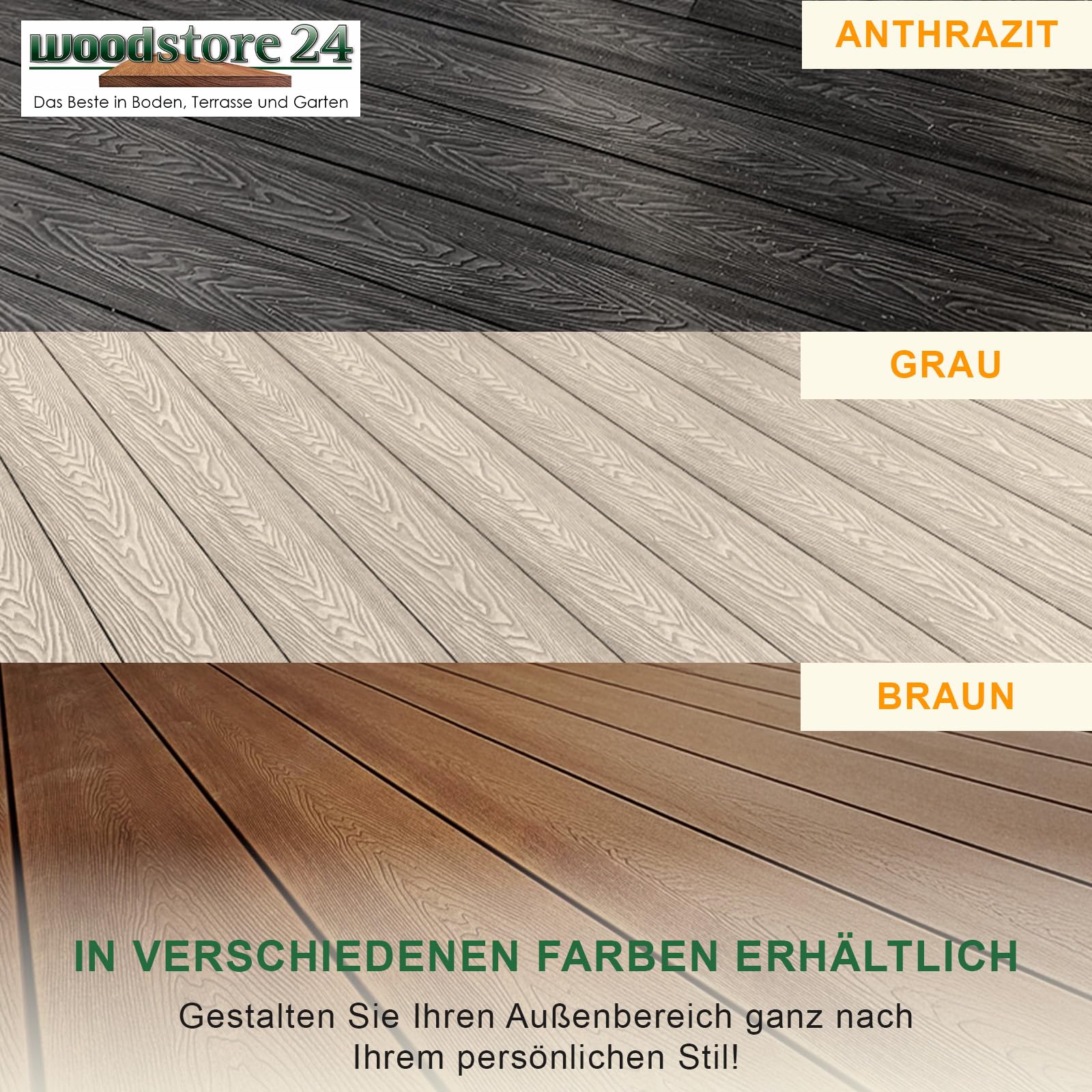 Terrassendielen WPC Diele Komplettset 3D Holzstruktur WoodoMykonos (25 x 145mm, Länge: 2,40m) in anthrazit (Anthrazit, 5 m²)