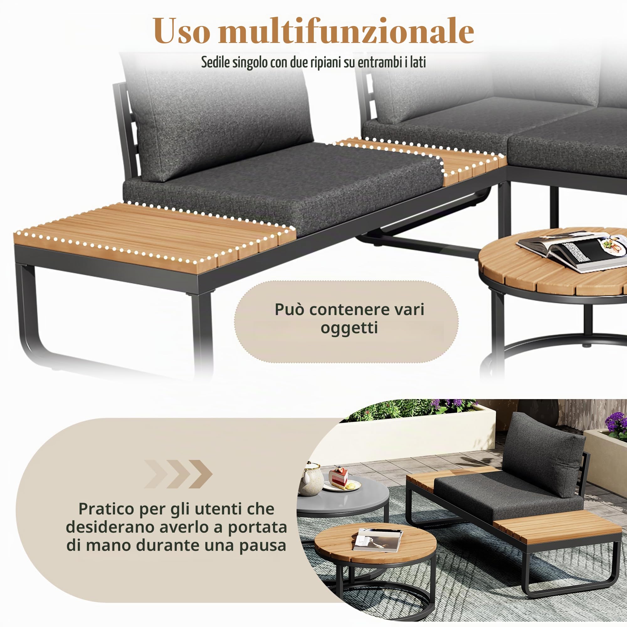Set di mobili da giardino Sitzgruppe per 4-5 persone, divano da giardino con gambe regolabili, 2 tavolini impilabili, cuscini e rivestimenti grigi inclusi, set di sedute da giardino per giardino