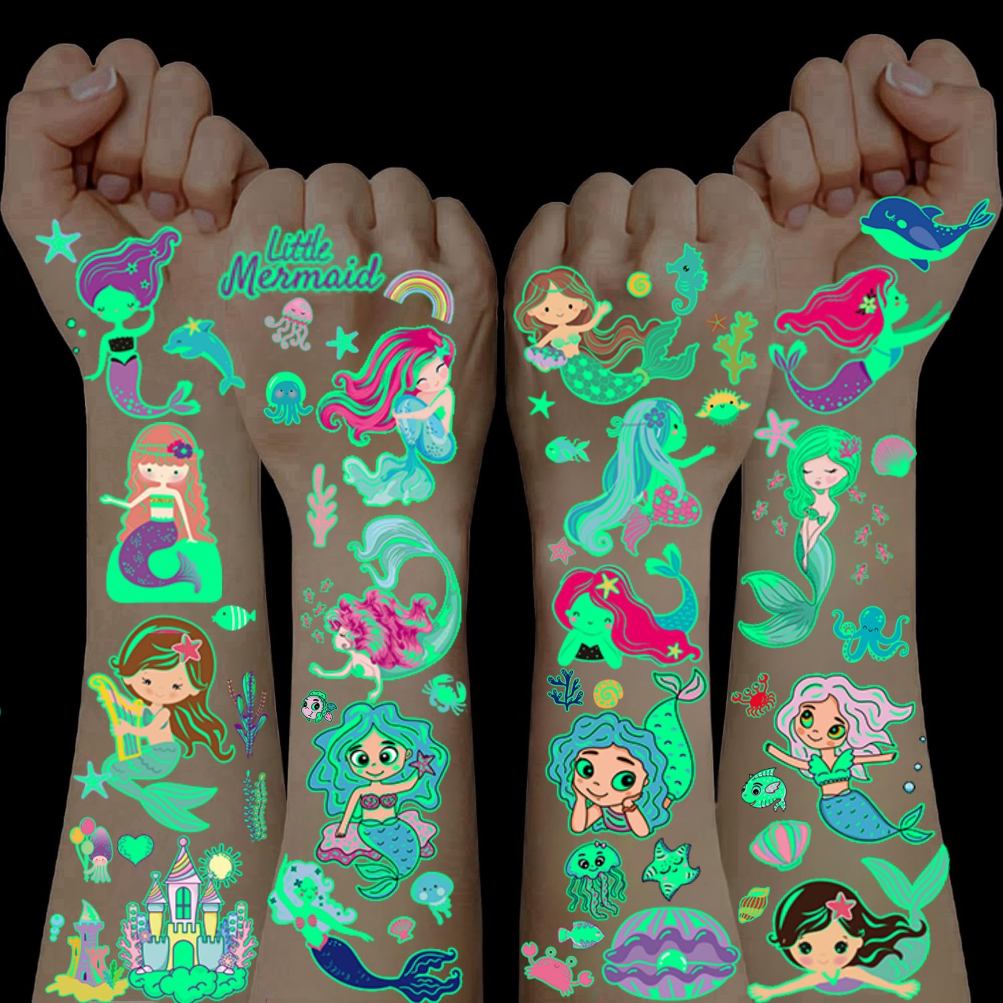100+ PCS Mermaid Tattoos for Kids,Mermaid Party Bag Fillers Glow in The Dark Stickers Kid Tattoos for Girls Stocking Fillers Kids 3 4 5 6 7 8 9 10 Year Old Girl Gifts Party Favours