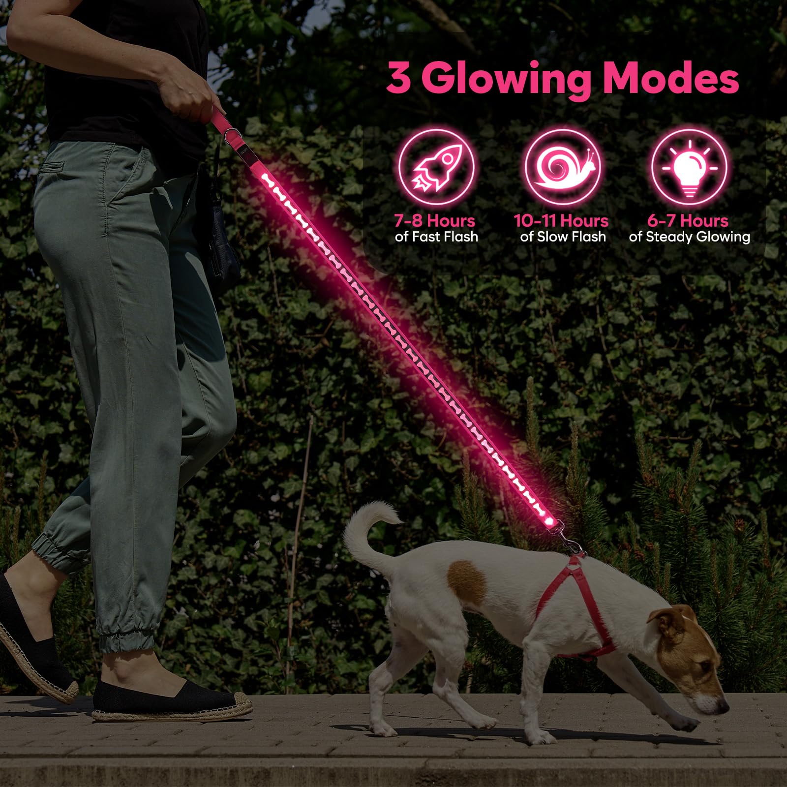 Flashseen Guinzaglio per cani luminoso, 1,2 m, LED con luce di tipo C, ricaricabile, in nylon, luci di sicurezza per cani per passeggiate notturne (rosa)