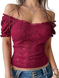 Mansy Women Off Shoulder Lace Going Out Crop Tops Sexy Slim Short Sleeve See Through Backless Crop Blouse Shirts
