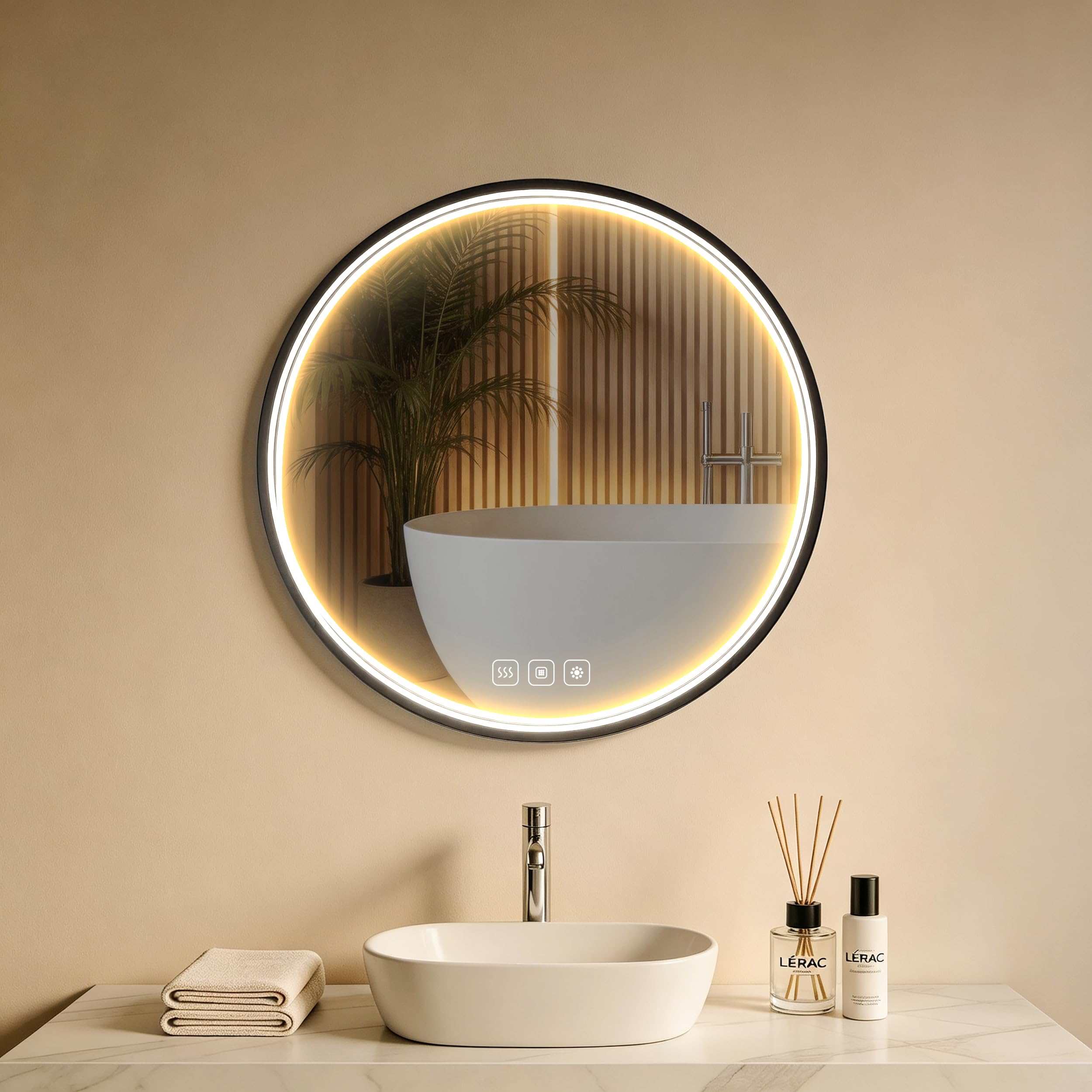 LED Badspiegel Rund 60x60 cm – mit Frontbeleuchtung, 3 Lichtfarben Dimmbar, Touch-Schalter, Anti-Beschlag & Memory-Funktion, Schwarzer Aluminiumrahmen