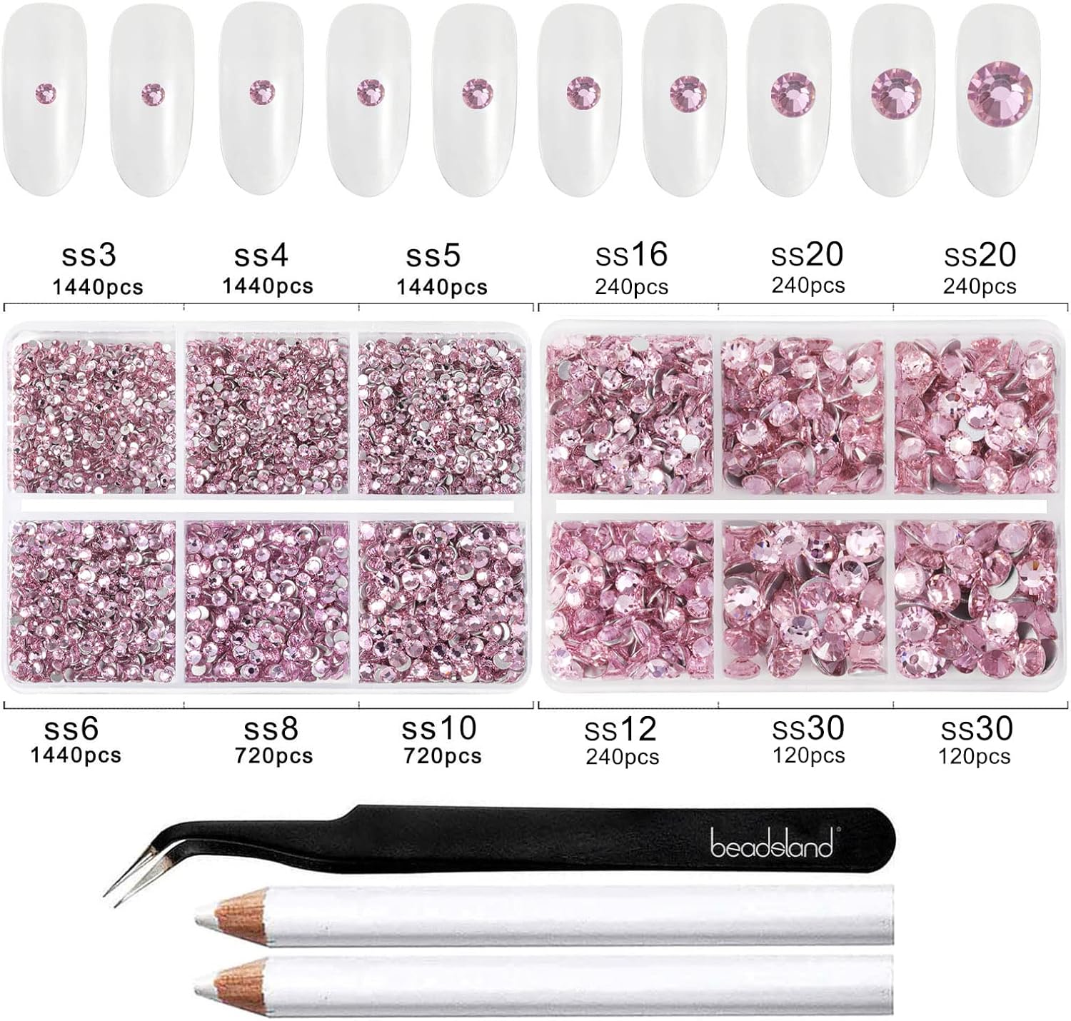 Beadsland 8300PCS Flatback Rhinestones, Pink Rhinestone Round Crystal Rhinestones for Crafts, Mixed 10 Sizes with Wax Pencil and Tweezer Kit, SS3-SS30, Light Rose/Light Pink - Image 3