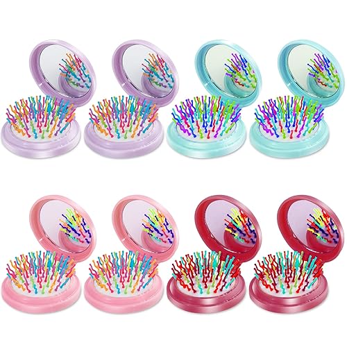 Cepillo de pelo, 8 piezas de cepillos de pelo plegables para espejo de viaje, redondo, compacto y portátil con mini espejo para mujeres y niñas