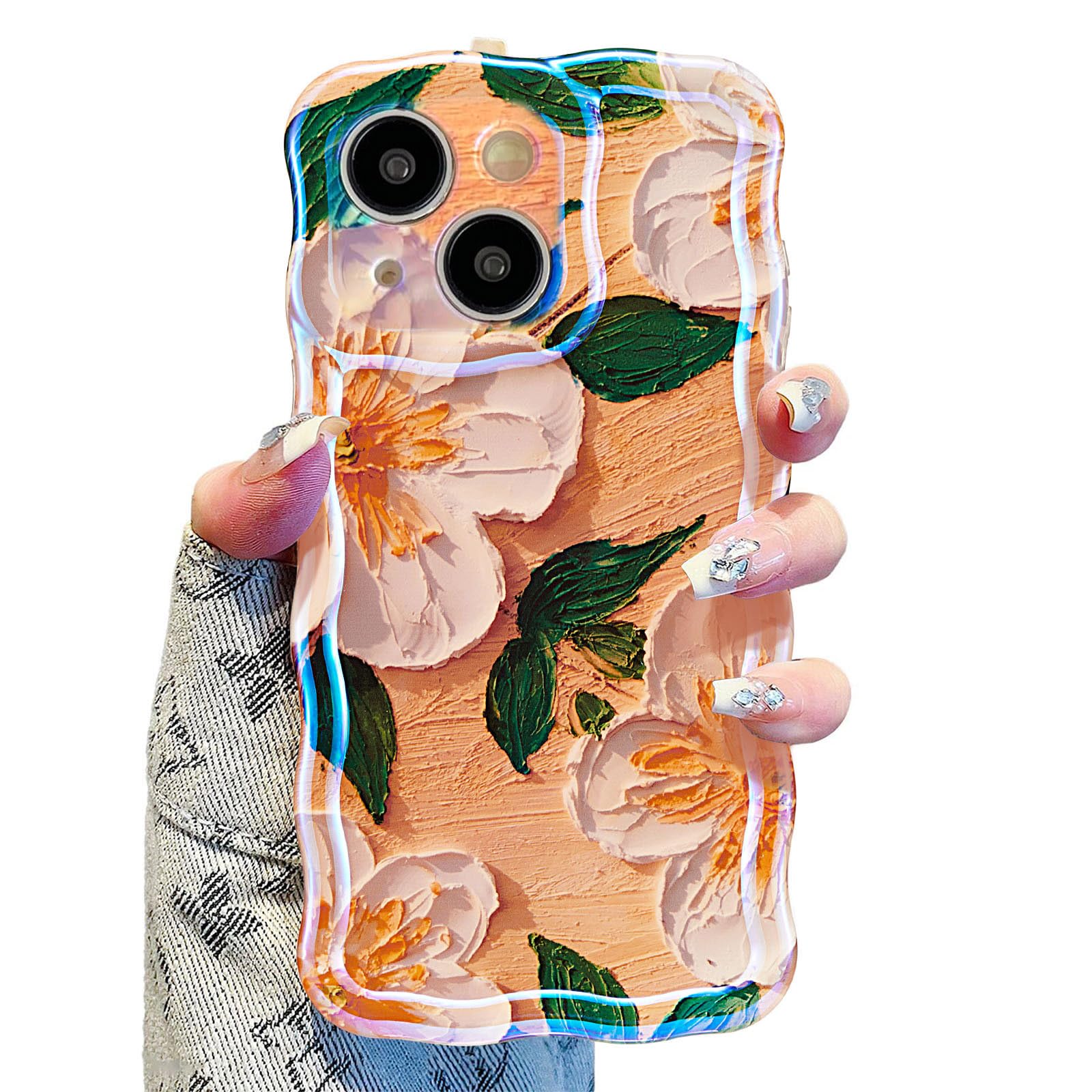 UEEBAI Case for iPhone 13, Colorful Retro Oil Painting Flower Case Pretty Glossy Pattern Wave Cover Cute Sparkly Floral Curly Cover Stylish Shell for