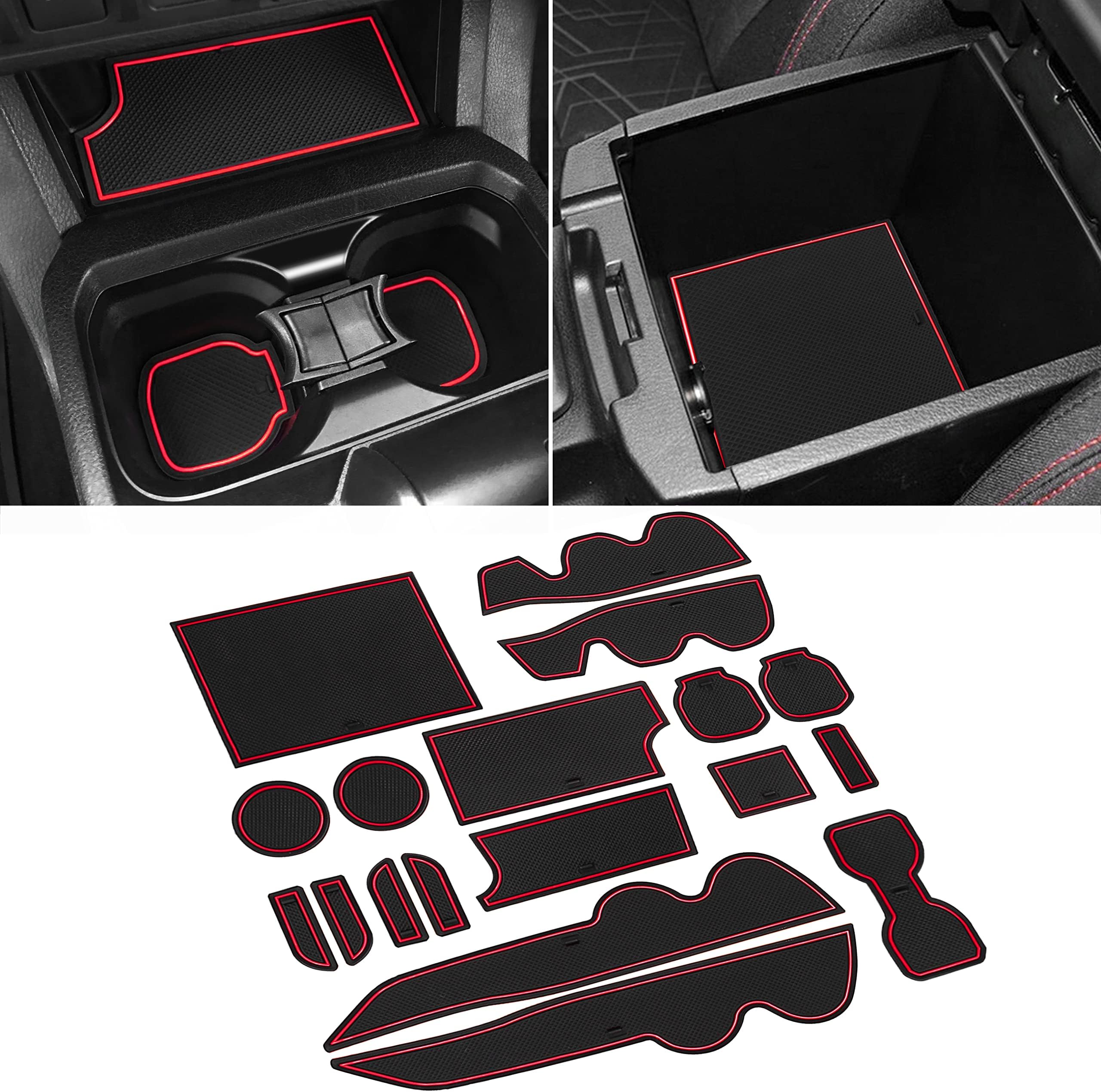SENSHINE for Toyota Tacoma Accessories 2016-2021 2022 2023 Non-Slip Anti Dust Liner Cup Holder, Center Console, and Door Pocket Inserts Mats Premium Custom Interior 18pcs (Double Cab) (Red Trim)