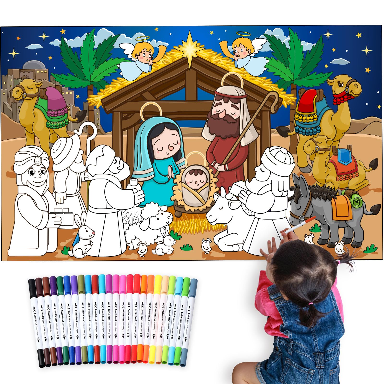 Faccito Christmas Nativity Giant Coloring Poster With 24 Watercolor Markers - Christian Religious Jumbo Poster Sheet, Banner Table Cover for Kids Xmas Winter Birthday Activity Party