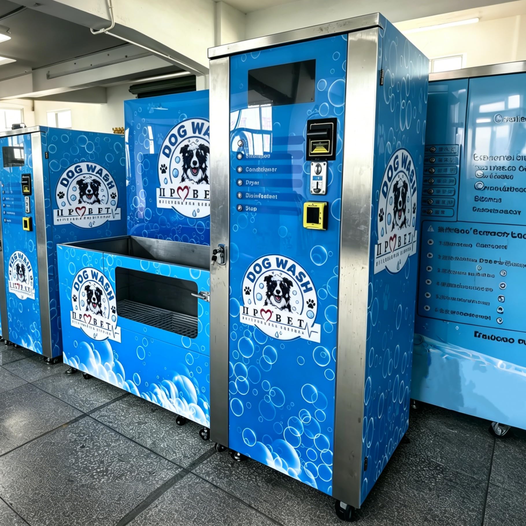 Stazione di lavaggio per cani commerciale con sistema di asciugatura integrato, stazione di toelettatura per animali domestici self-service con struttura in acciaio inossidabile per negozi di animali
