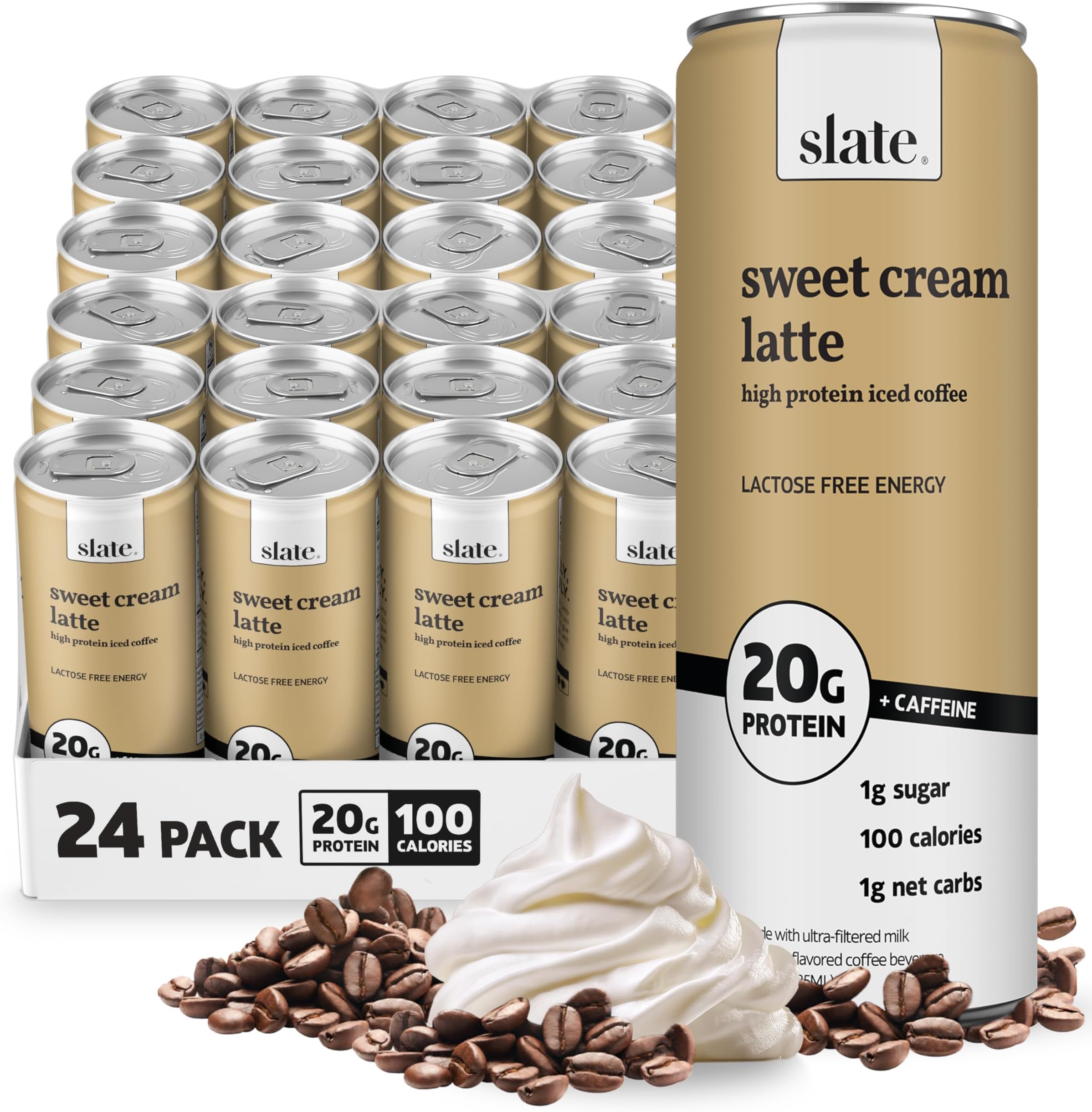Milk - High Protein Iced Coffee - Sweet Cream Latte - 175mg Caffeine, Lactose Free Energy - 20g Protein, 1g Sugar, 100 Calories, 1g Net Carbs, No Sugar Added - Protein Coffee - 11 fl oz, 24 Cans