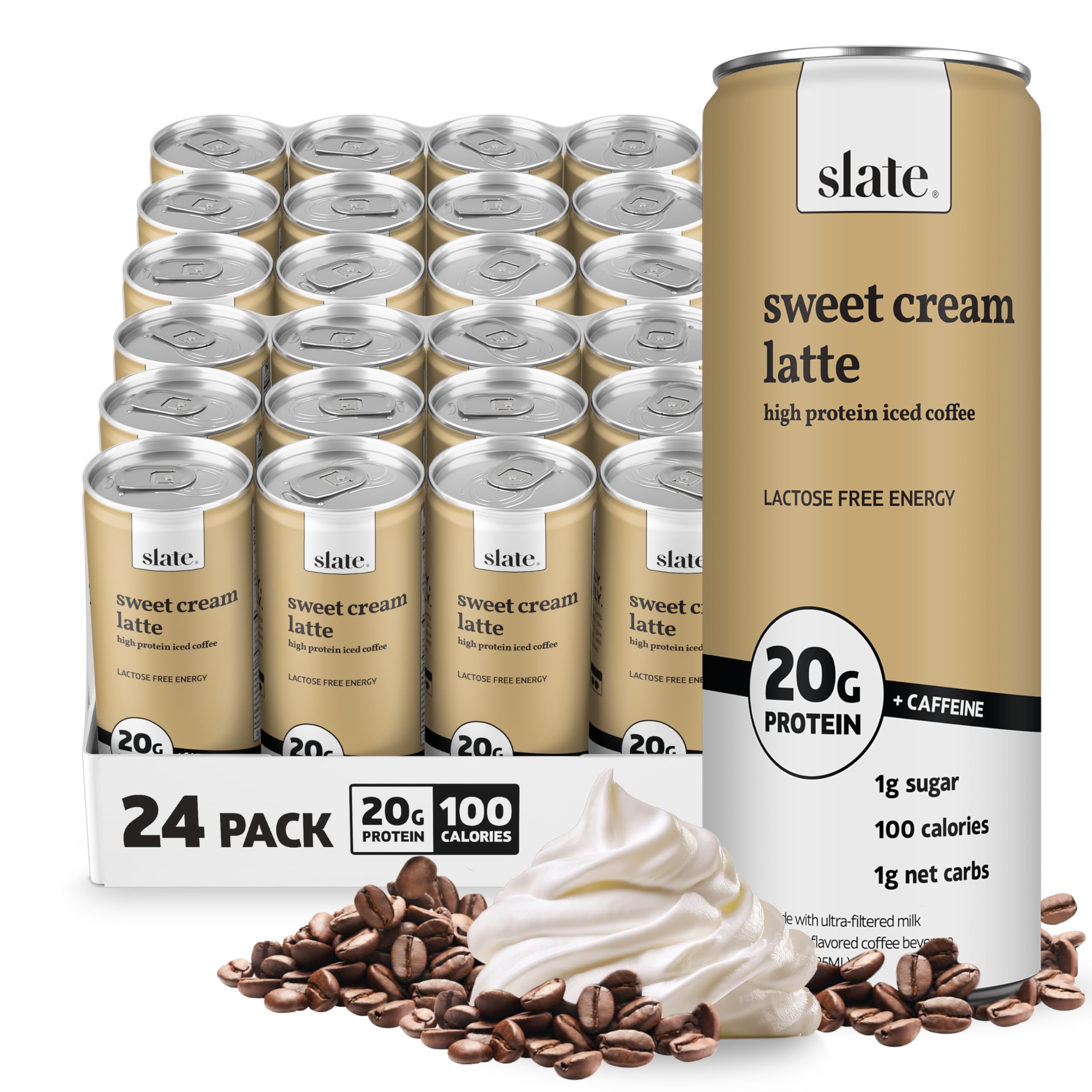 Slate Milk - High Protein Iced Coffee - Sweet Cream Latte - 175mg Caffeine, Lactose Free Energy - 20g Protein, 1g Sugar, 100 Calories, 1g Net Carbs, No Sugar Added - Protein Coffee - 11 fl oz, 24 Cans